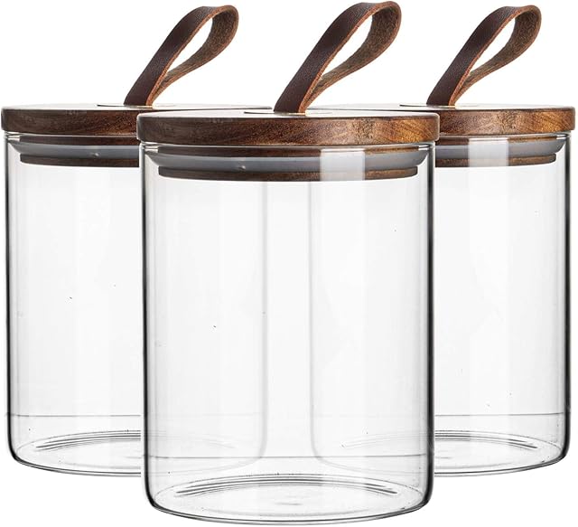 Argon Tableware 3 Piece Glass Jar With Wooden Lid Storage Container Set - Round Scandinavian Style Airtight Canister - 750ml