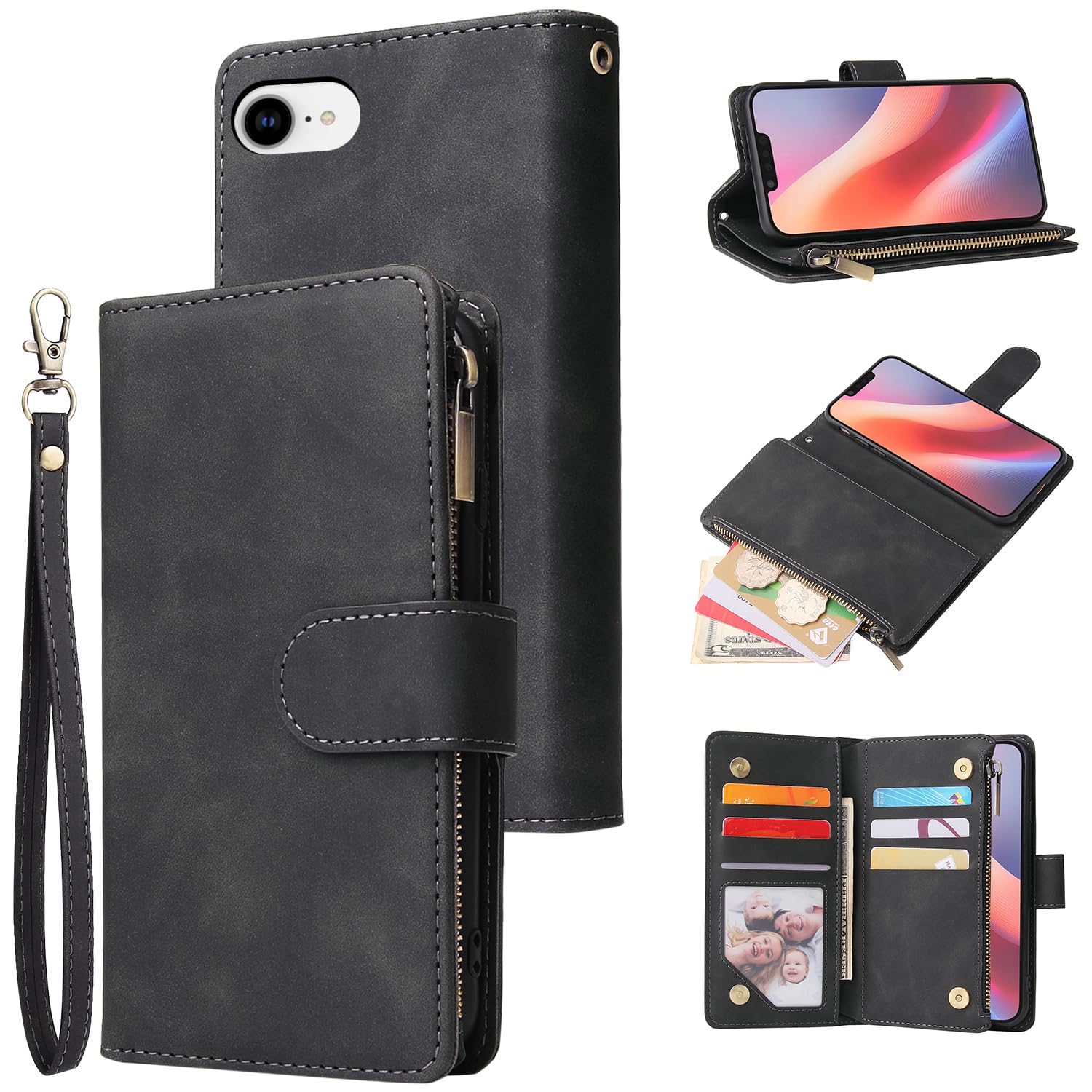 QLTYPRI Wallet Case for iPhone 16e, Premium Vintage PU Leather Zipper Pocket Case with Card Holder Slots Magnetic Closure Kickstand Wrist Strap