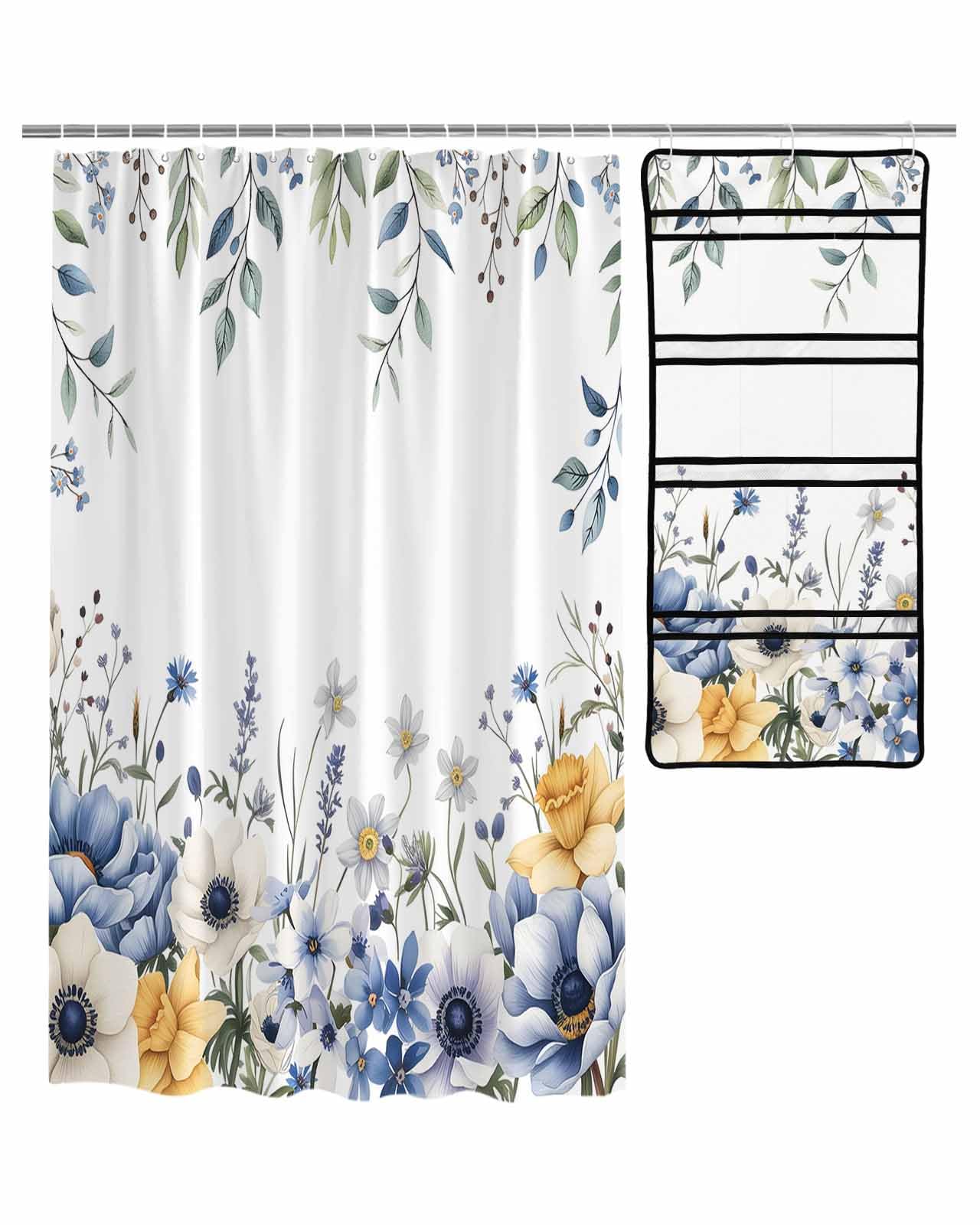 Decorative Shower Curtain Sets Floral Blue Fabric Waterproof Shower Curtains Spring Tulip Flowers Eucalyptus Leaves White Mesh Shower