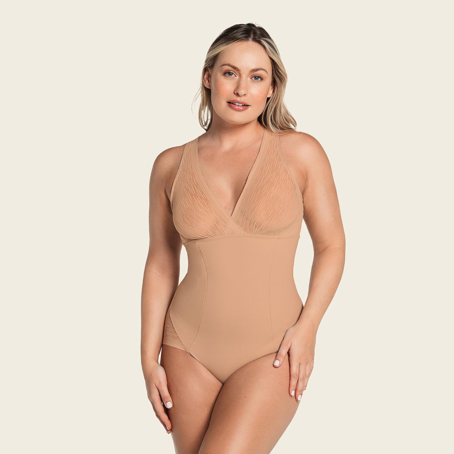 Leonisa Sheer Stripe Detail Sculpting Bodysuit - Tummy Control Shapewear for Women, Small, 801 - Golden Beige - Image 4