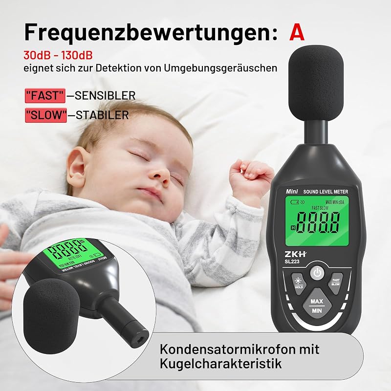 ZKH Digitális Hangerőmérő 30-130dB LCD Kijelzővel Zajmérő