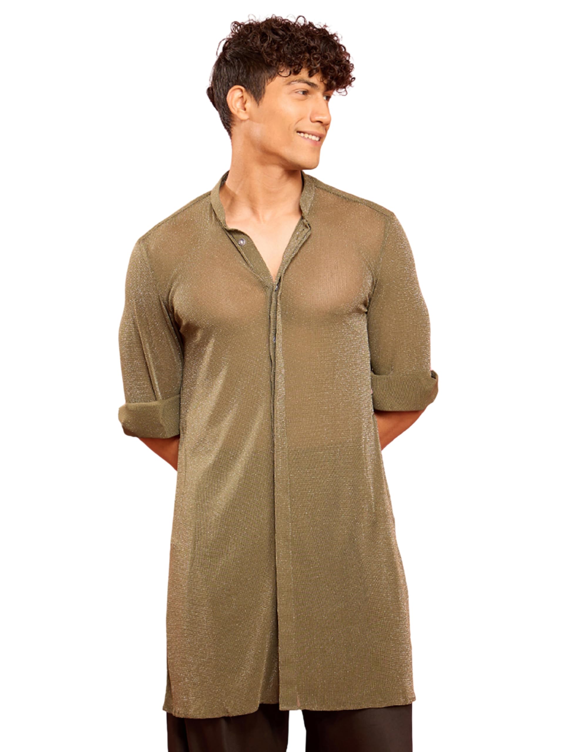 vastramay Men Mehendi Green Solid Lycra Long Kurta | Mandarin Collar Wedding Festive Navratri Party Outfit-picture-35