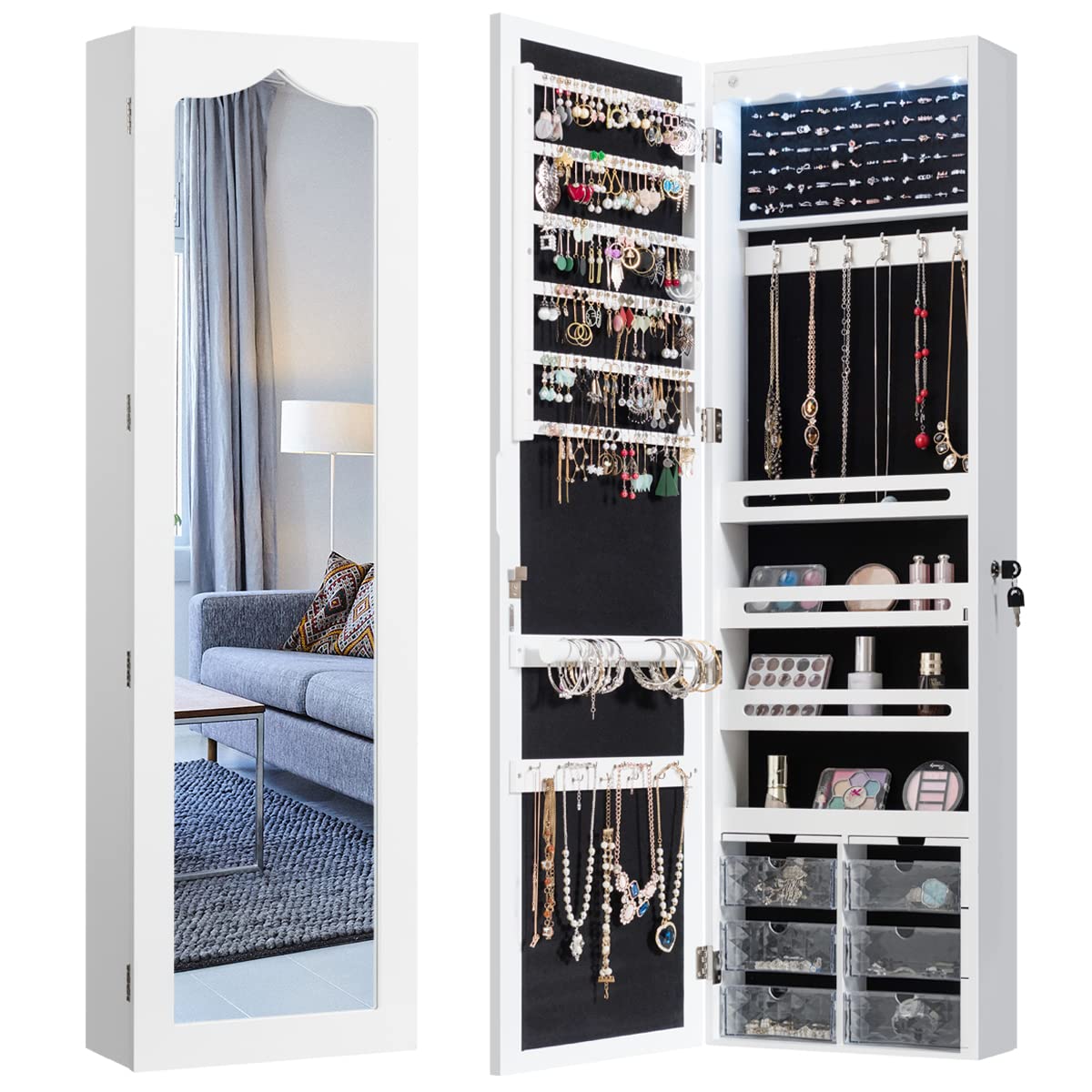 RELAX4LIFE Schmuckschrank, Schmuckregal mit 6 Acrylschubladen & 3 Lagerregalen & LED-Beleuchtung & Spiegel, Schmuckorganizer für Ohrringe Armband Kette Ringe Kosmetik, Tür- & Wandmontage (Weiß)