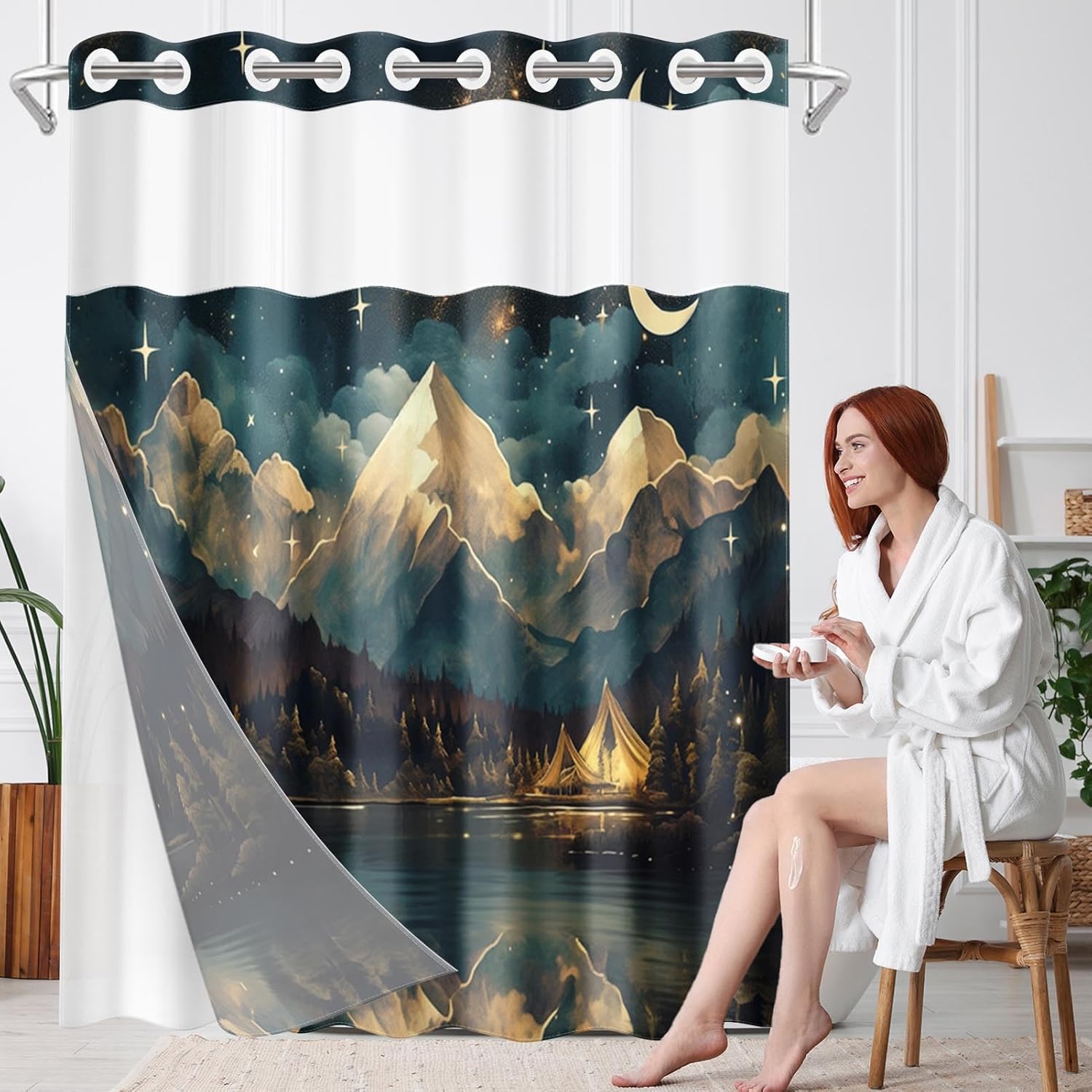 No Hook Landscape Mountains Shower Curtain with Snap in Fabric Liner, Stars Moon Nature Double Layers Waterproof Fabric with See Through Top Window Open Grommet Bath Curtain 71x74 Inch