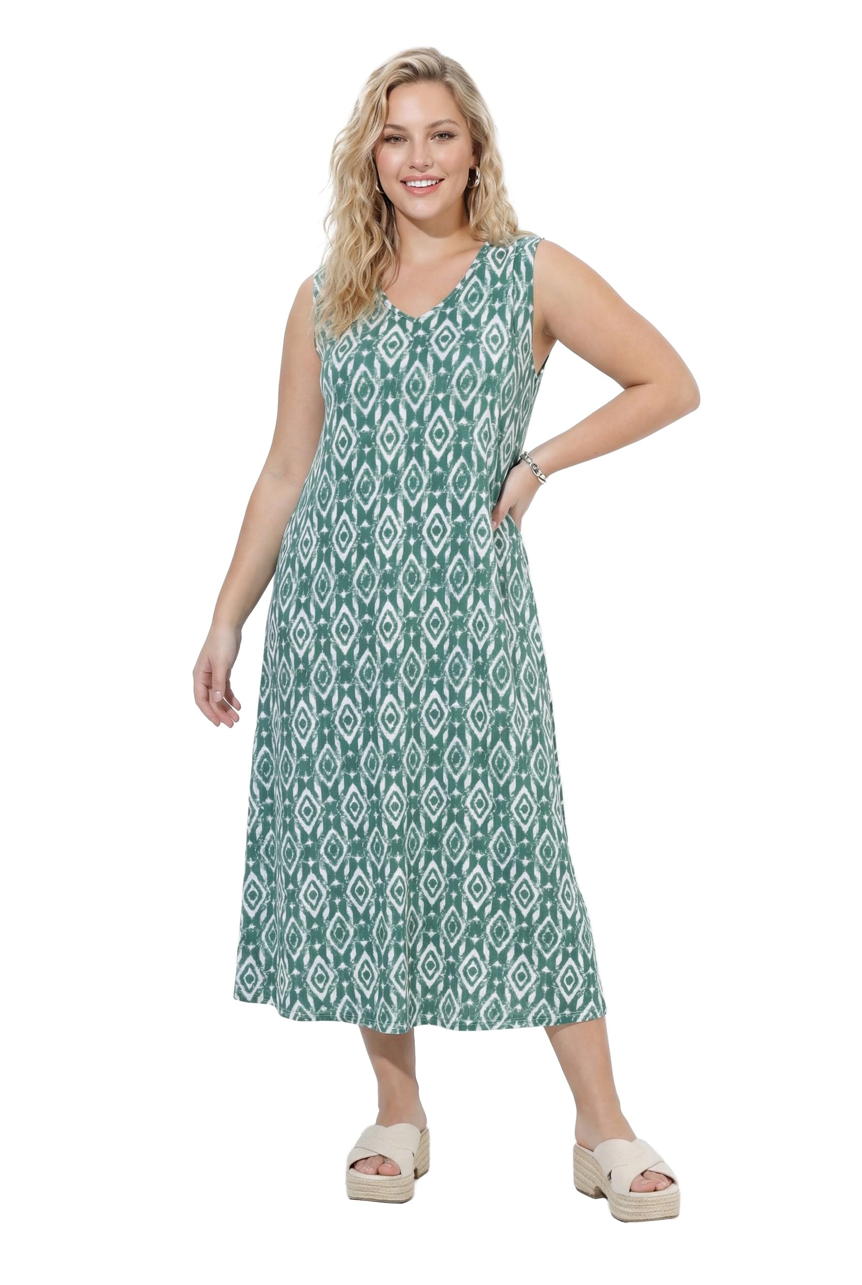 Ulla Popken Damen große Größen Übergrößen Plus Size Maxikleid, grafischer Druck, V-Ausschnitt, ärmellos 850136