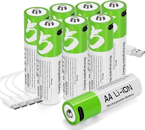 Paquete de 8 baterías recargables AA de litio, 1.5 V 2600 mWh, batería USB doble AA de iones de litio con cable de carga USB-C 4 en 1, 1200 ciclos,