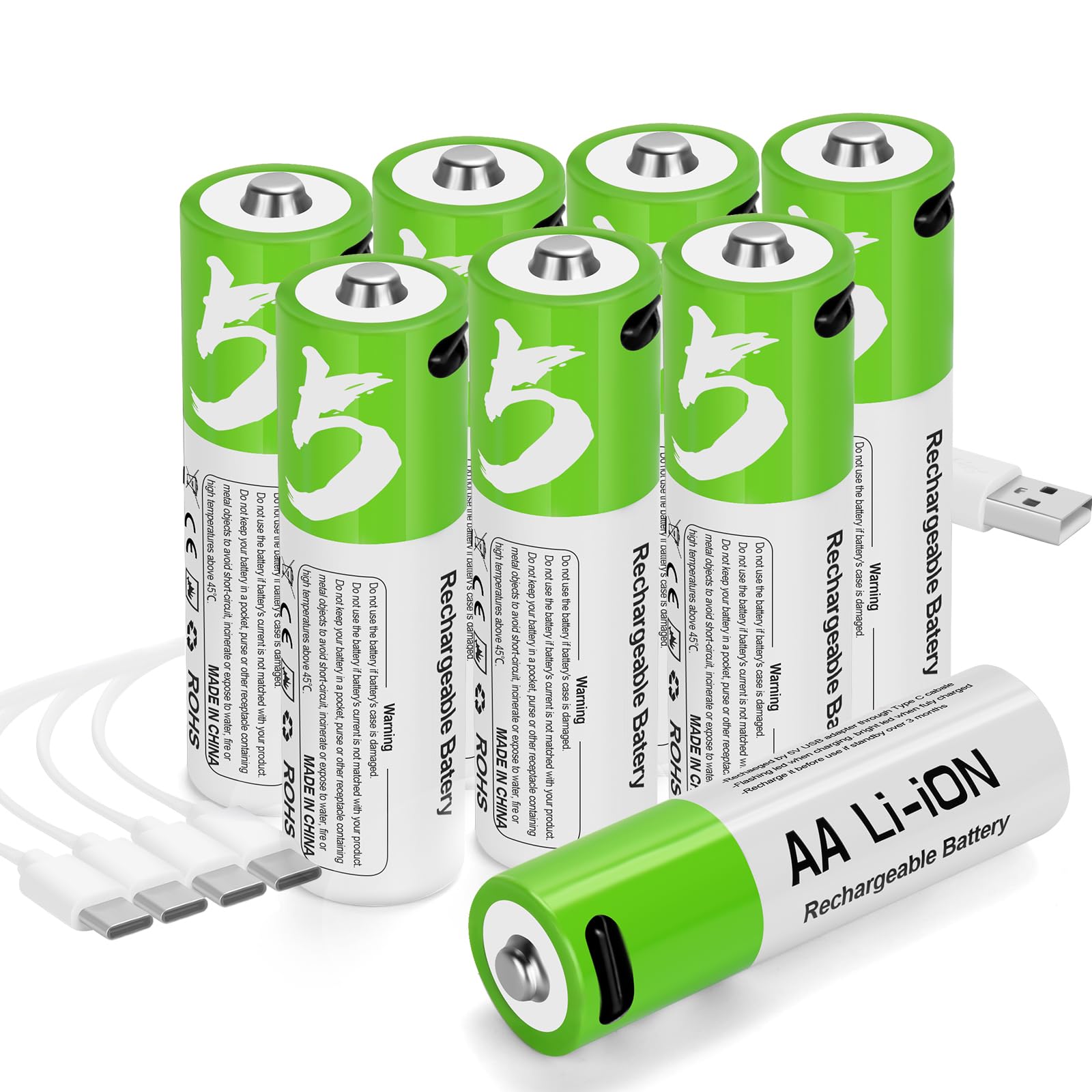 Rechargeable Lithium AA Batteries 8 Pack, 1.5V 2600mWh USB Double AA Li-ion Battery with 4-in-1 USB-C Charging Cable, 1200 Cycles, for Blink Camera, TV Remote, Xbox Controller, Electric Toy
