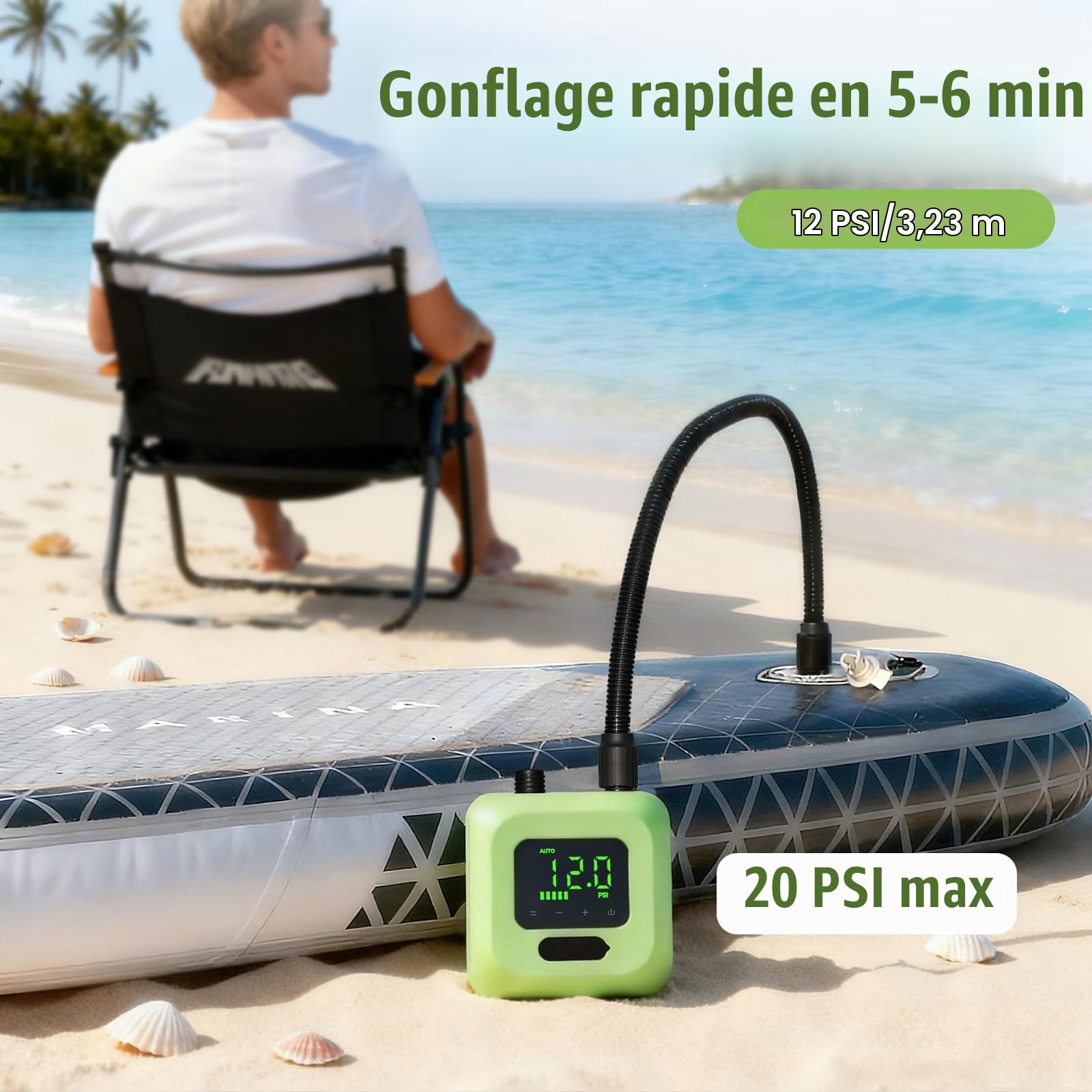 Pompe électrique pour SUP avec batterie, rechargeable haute pression 20 PSI, gonflage à double étage, arrêt automatique pour kayak, ailes de cerf-volant, tentes et matelas gonflables