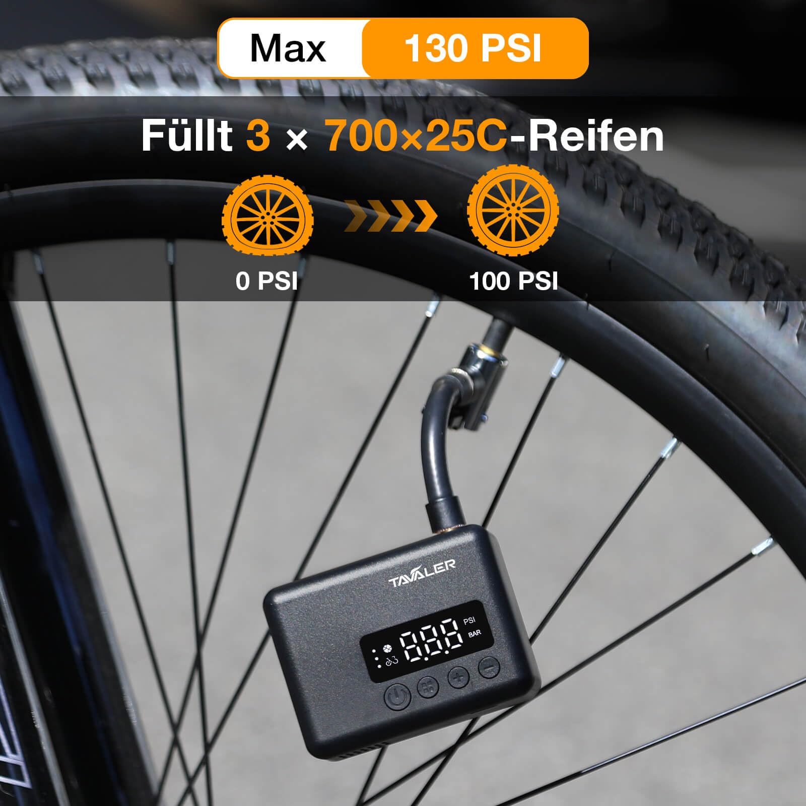 Tavaler Mini pompa elettrica per bicicletta | pompa elettrica per bicicletta con manometro | 130 PSI Mini compressore bicicletta per bici da strada, e-bike, mountain bike, city bike