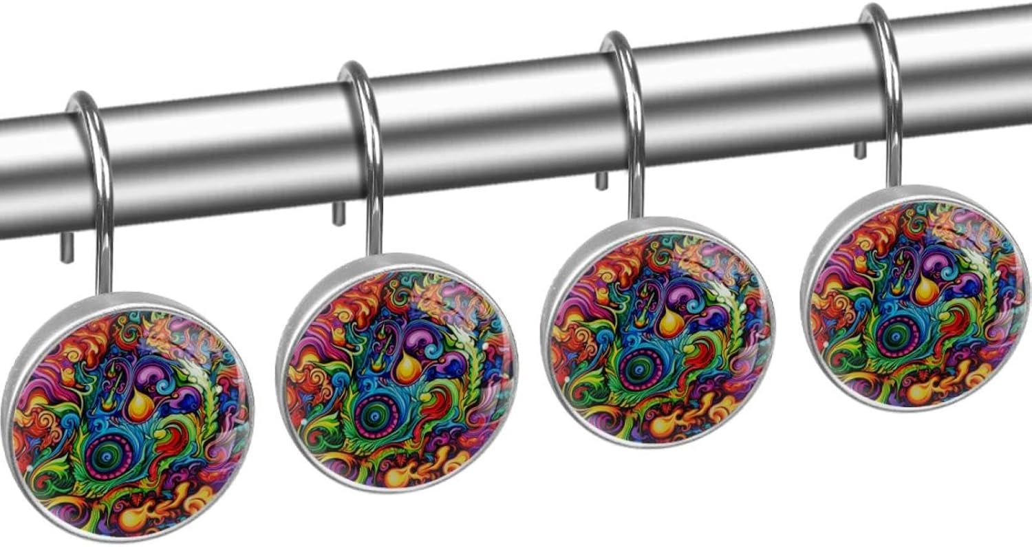 Shower Curtain Hooks Decorative, Floral Abstract Colorful Art, Set of 12, Metal Shower Curtain Rings for Bathroom