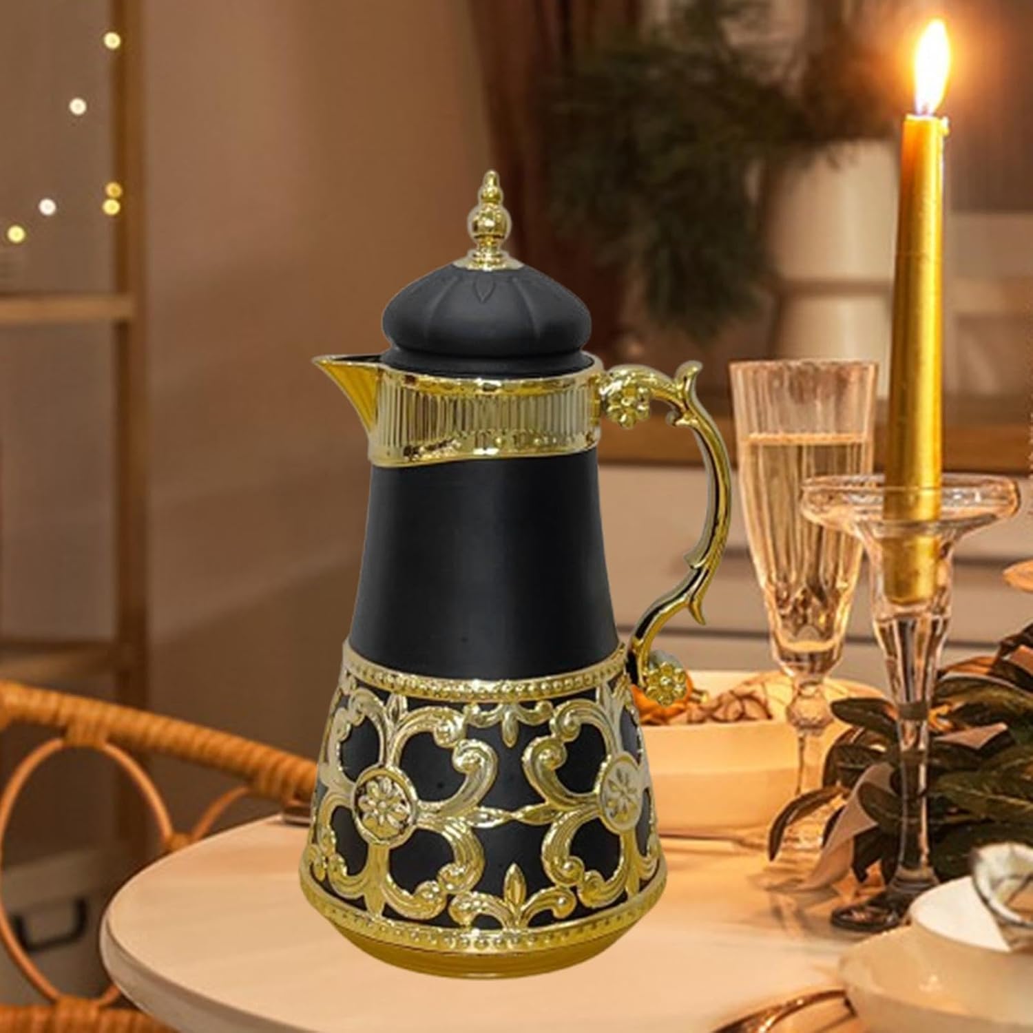 LOL-FUN 1L 真空保温カラフェ アラビア風 ガラスライナー 断熱コーヒージャグ 多目的 コーヒーポット 家庭用 ベッドサイド