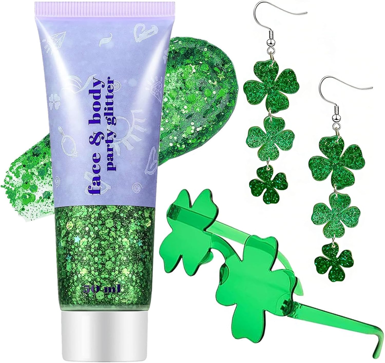 Go Ho St Patricks Day Earrings for Women,Green Face Body Glitter Gel and Four-Leaf Clover Green Sunglasses Set,St. Patrick's Day Accessories Shirt Outfit Decorations Supplies