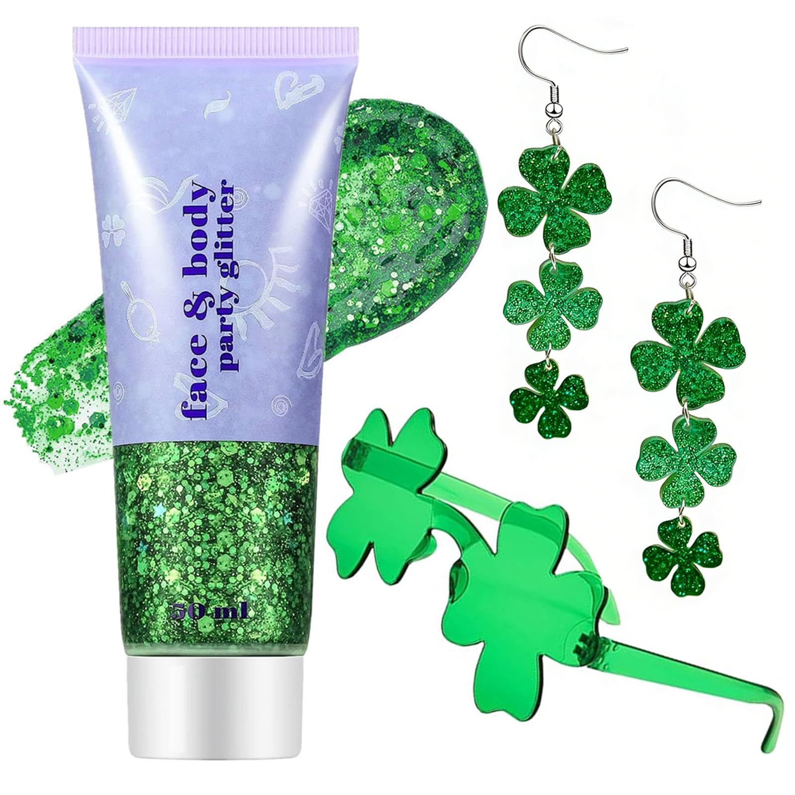 Go Ho St Patricks Day Earrings for Women,Green Face Body Glitter Gel and Four-Leaf Clover Green Sunglasses Set,St. Patrick's Day Accessories Shirt Outfit Decorations Supplies