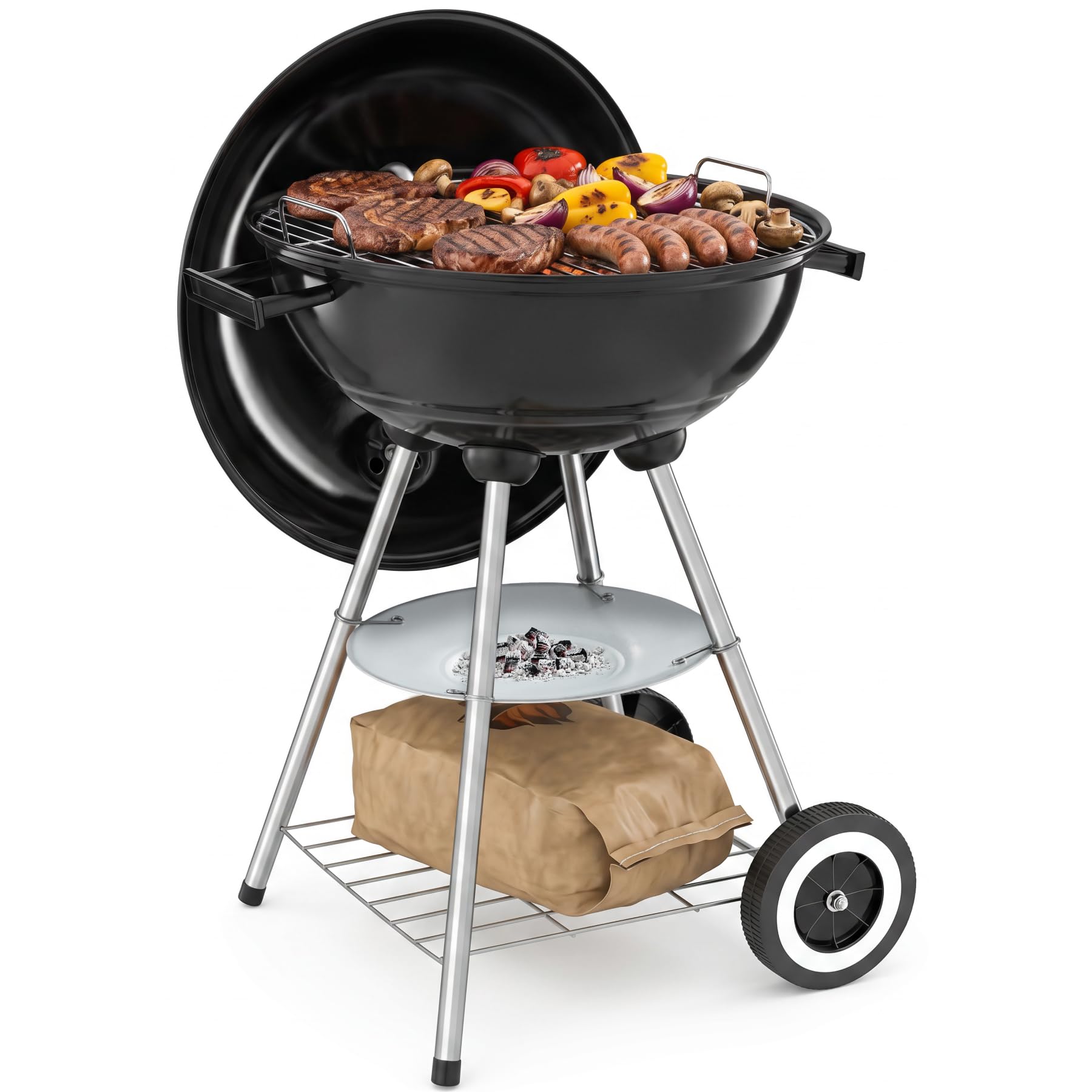 tectake® Barbecue rond Ø 41,5 cm, Grande grille de cuisson, Grille à charbon, Réglage de l'arrivée d'air, Bac de récupération amovible, Poignées latérales, 2 roues, Barbecue à charbon portable