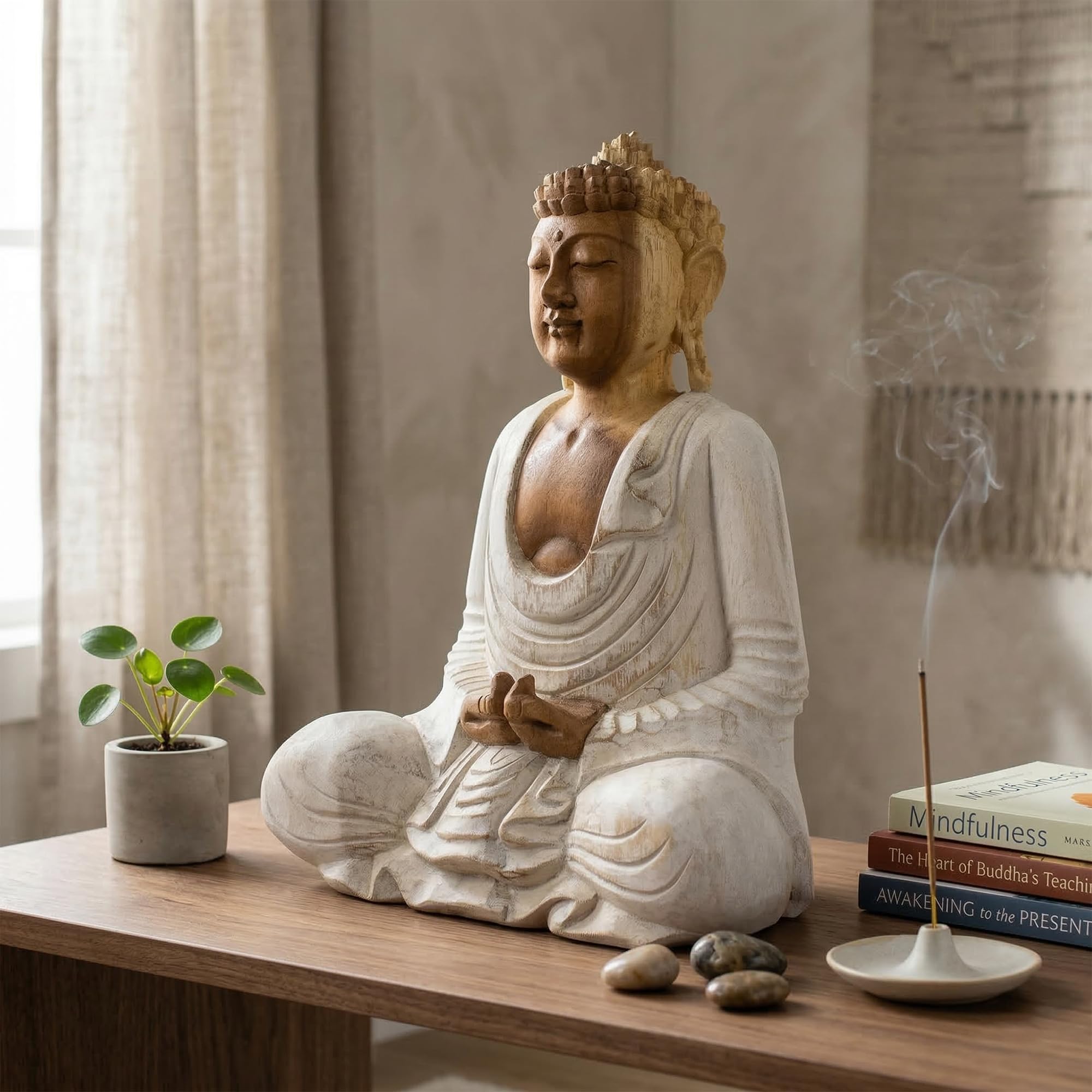 G6 Collection Statue de Bouddha en bois faite à la main en méditation sereine - Sculpture artisanale - Décoration d'intérieur (30,5 cm de haut - Blanchie)