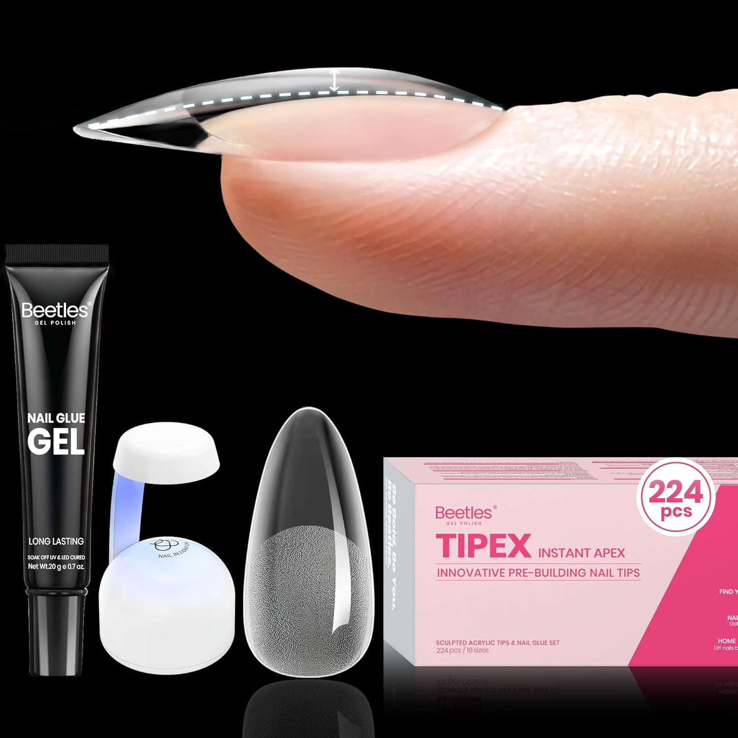 Beetles Tipex Nail Tips Kit Almond Medium, 224Pcs 16 Sizes,Pre-building Pre-Etched Strong Thicker Acrylic Tips with Mini U V Lamp Tipex Nail Glue