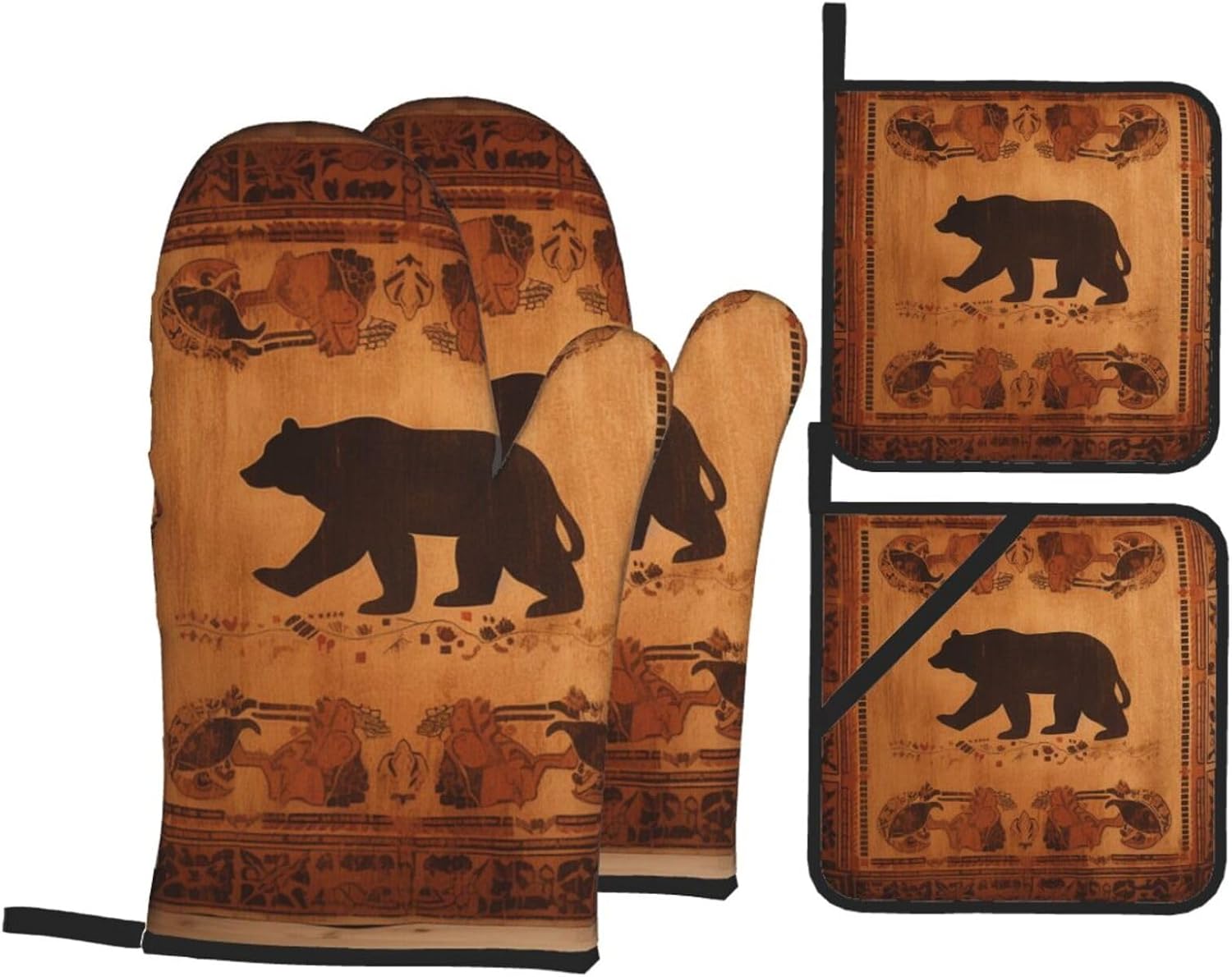 Bear Oven Mitts and Pot Holders Sets of 4 Heat Resistant Kitchen Oven Mitts with Hot Pads Non-Slip Oven Gloves Washable Potholders for Cooking BBQ Baking Grilling