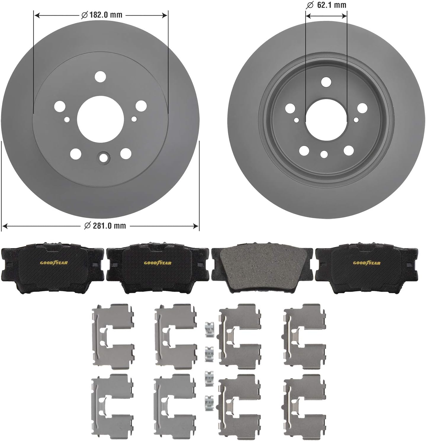 Goodyear Brakes PRK75830R | Rear Premium Brake Kit with Pair (2) of AntiOx Coated Brake Rotors and Ceramic Brake Pads fits Lexus ES350 12-07; Toyota Avalon 12-08, Camry 11-07