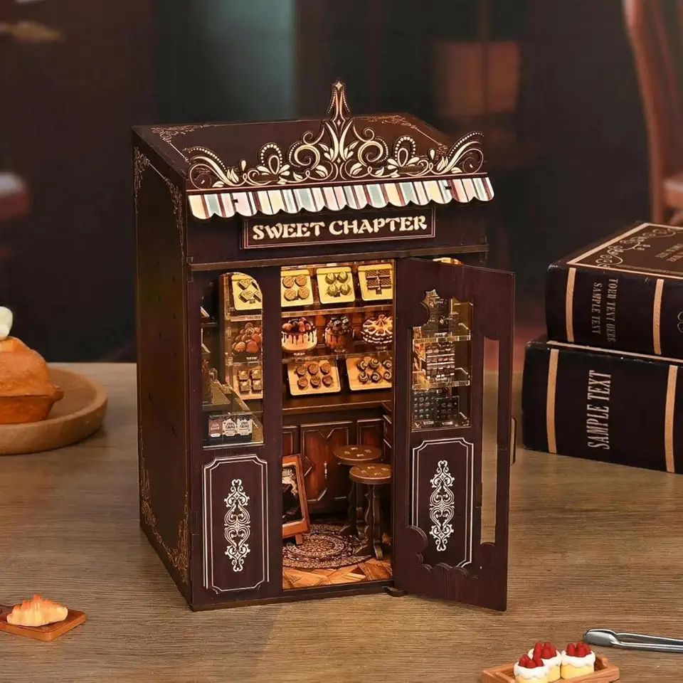 Kit de Modelo 3D de Madeira DIY Para Montar Casa Miniatura Com Luz LED Touch (Loja de Doces)