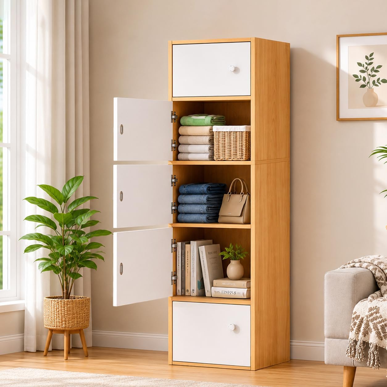 Mevigo Foldable Wooden Wardrobe for Bedroom | 5-Shelf Engineered Wood Storage Cabinet | Collapsible Cupboard Almirah for Clothes | Space Saving Wooden Wardrobe with Door-Mapple