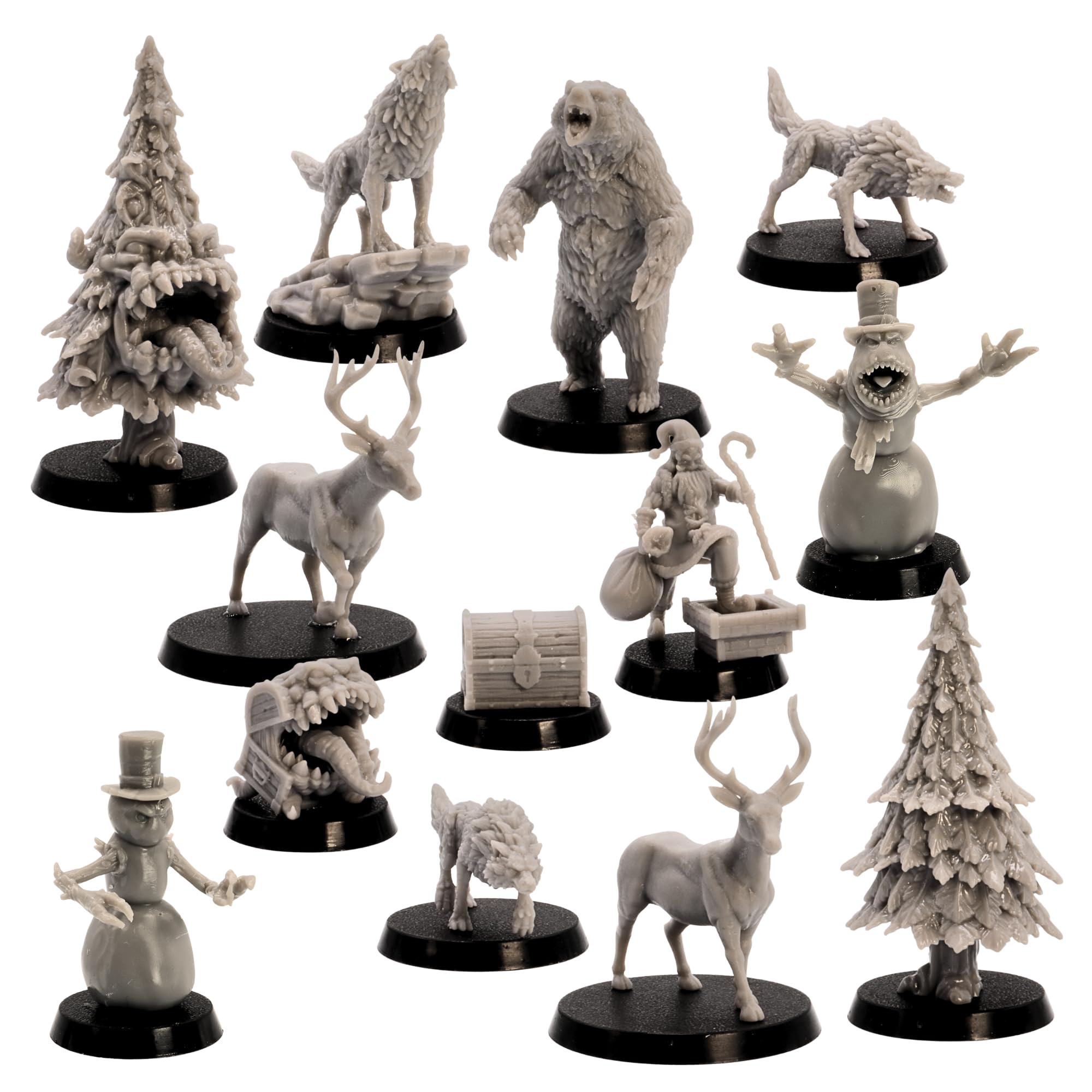 Christmas DnD Starter Set - 13 Resin Miniatures (Santa, Mimics, Snowmen, Forest Animals & More) for Tabletop RPGs