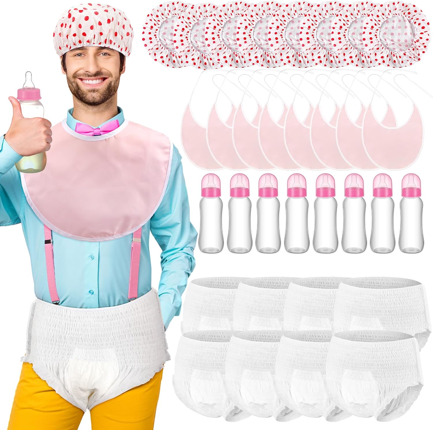 8 Sets Bottle Chug Baby Shower Games Plastic Baby Bottles Bulk Diapers Gender Reveal Games Hat and Adult Bib Race Game Decoration for Girl Adults (Modern Style,Blue)