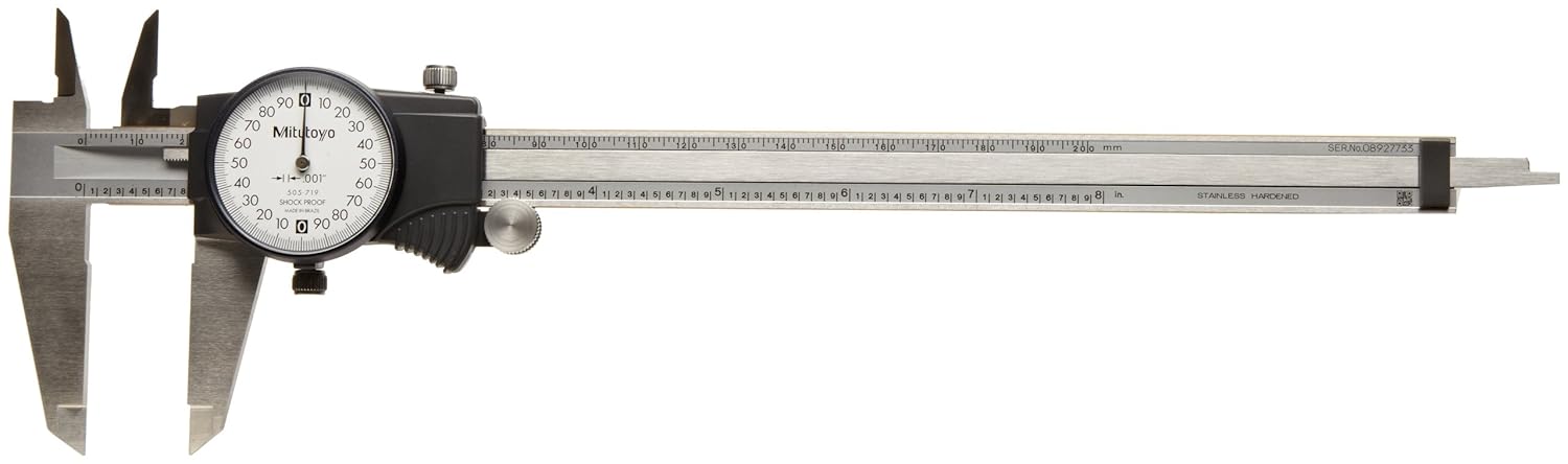 Mitutoyo 505-719 Dial Calipers, Inch, White Face, for Inside, Outside, Depth and Step Measurements, Stainless Steel, 0"-8" Range, +/-0.002" Accuracy, 0.001" Resolution, 50mm Jaw Depth