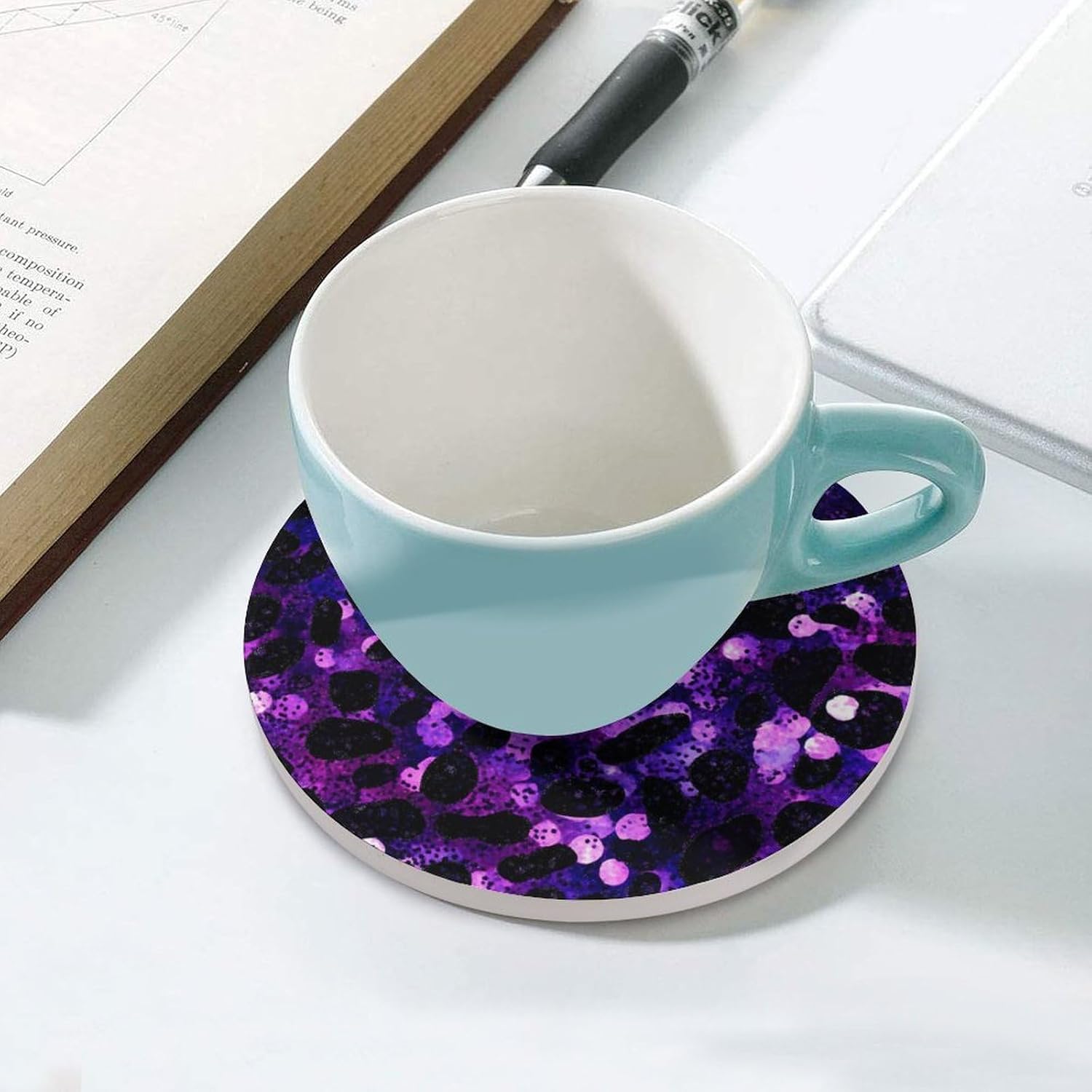 Purple Leopard Sequin Pattern Funny Round Ceramic Coasters for Drink Absorbent Cup Holders Tabletop Protection