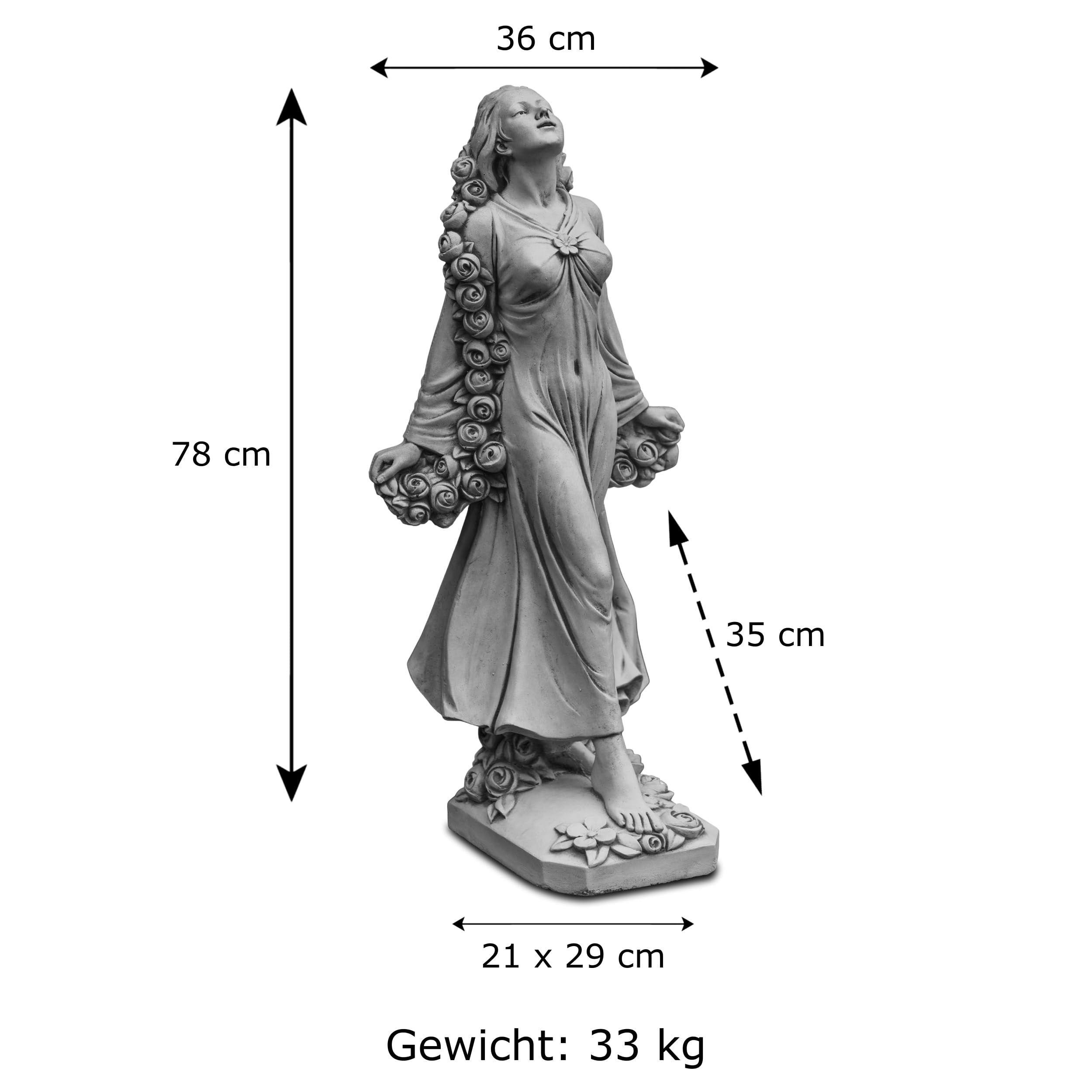 gartendekoparadies.de Statue Flora Gartenfigur, Steinguss, H. 78 cm, 34 kg, Römische Göttin mit Rosenranken, Gartendekoration für Terrasse und Blumenbeet, Frostsicher
