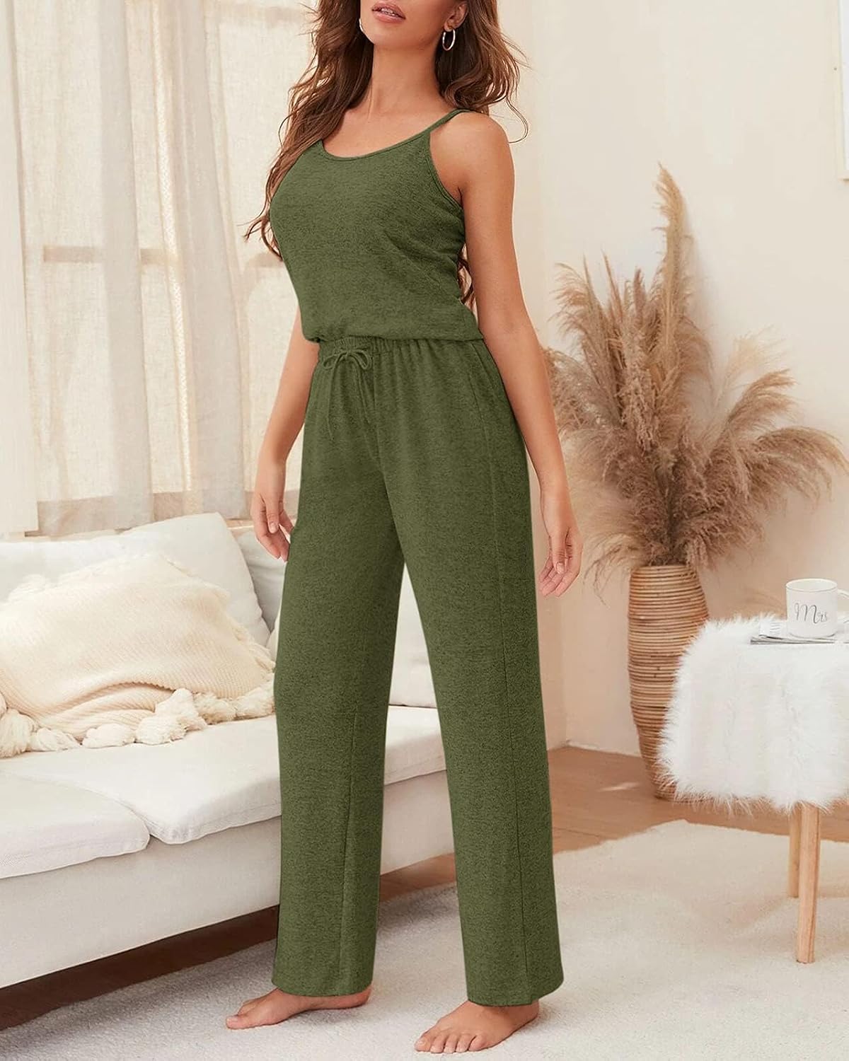 Fessceruna Womens 3 Piece Pajama Set Cami Tank Top Wide Leg Pants and Cardigan Loungewear Lounge Sets