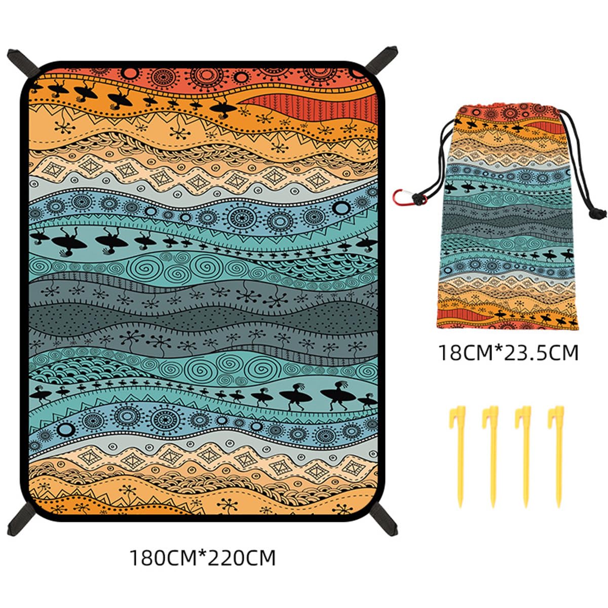Koc plażowy, wodoodporny, odporny na piasek, ponadwymiarowy, żółw, tęczowy nadruk boho, 180 x 221 cm, bardzo duża, bez piasku, mata plażowa, niezbędna do parku, na piknik, koncert, podróż,