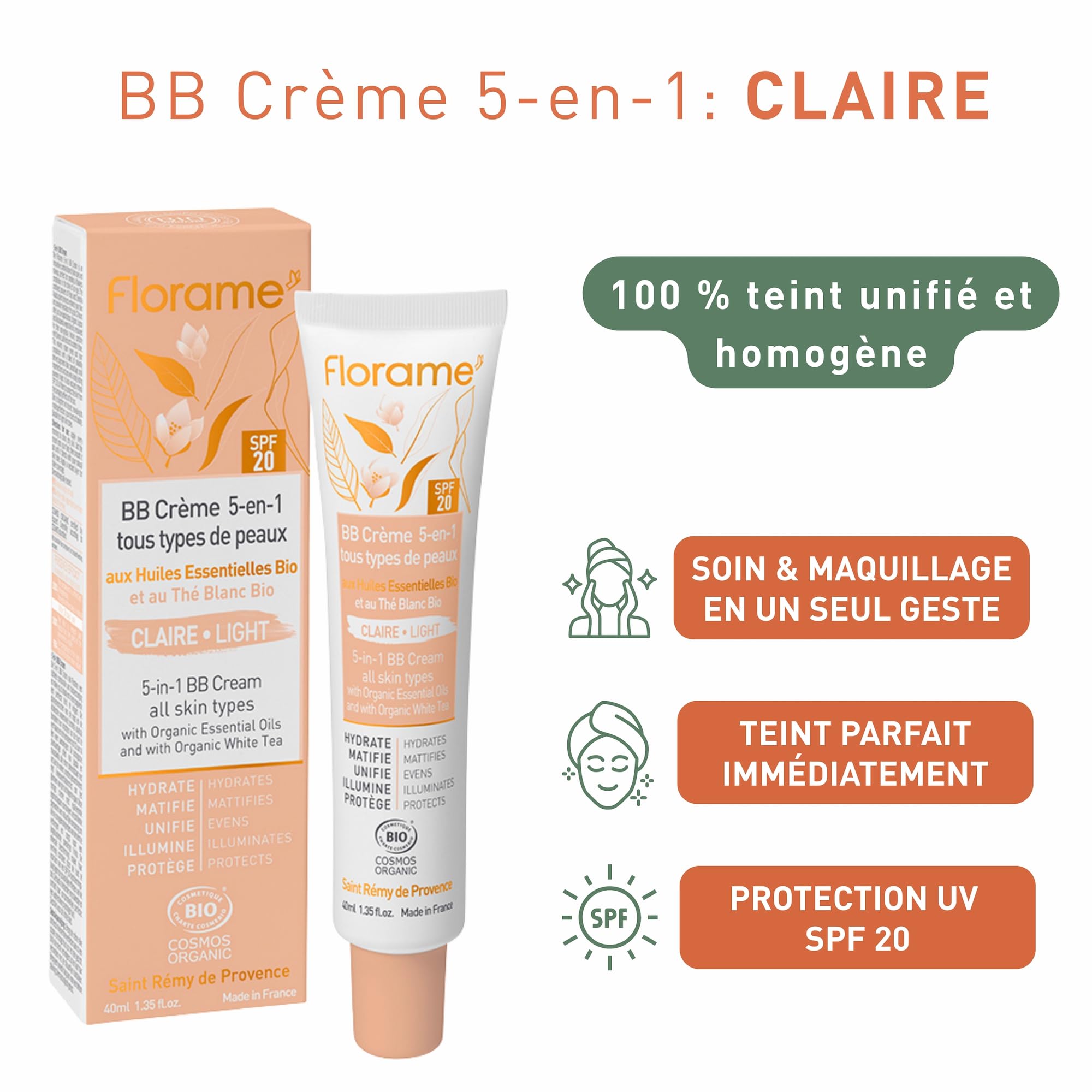 Florame BB Crème 5-en-1 SPF 20 – Teint Parfait Naturel – Hydrate, Unifie & Protège – 40 ml – Fabriquée en France - BB crème Claire