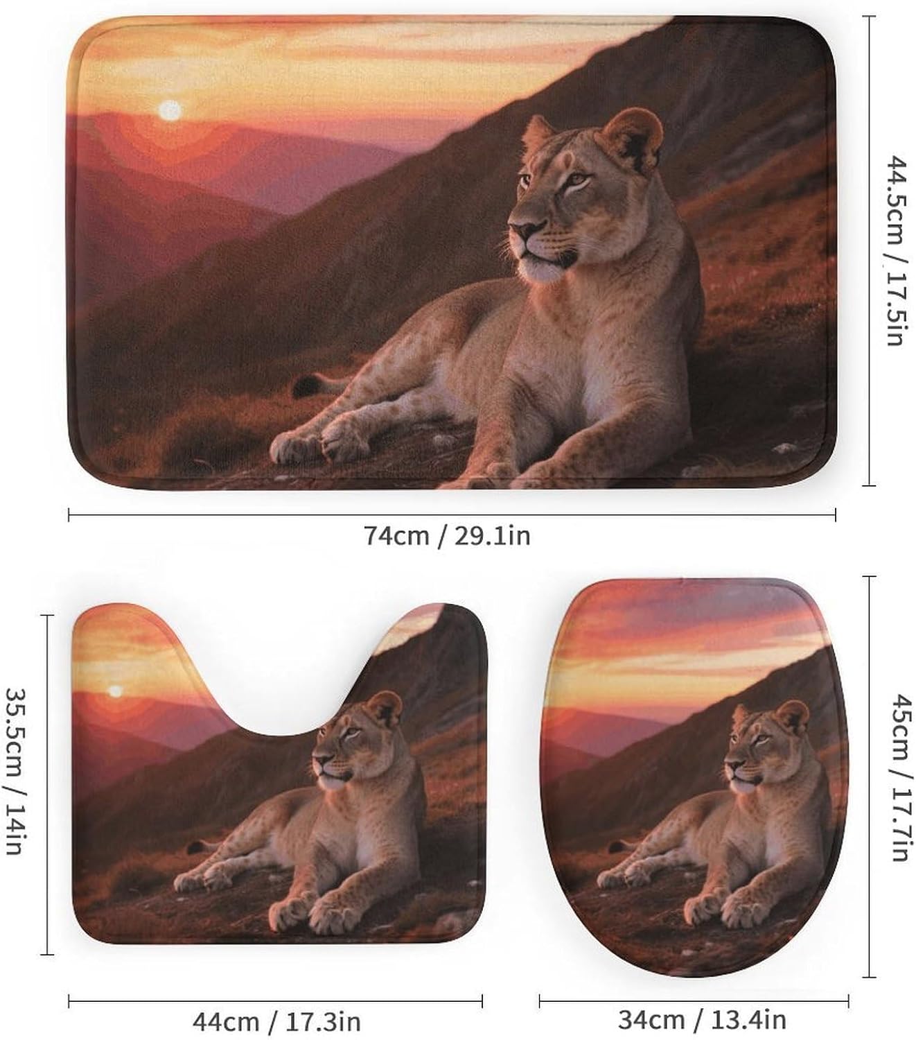 Lion Shower Curtain Set 4 Piece, Non-Slip Bath Mat with Toilet Lid Cover and Waterproof Shower Curtain with 12 Hooks, Complete Bathroom Set for Home Decor