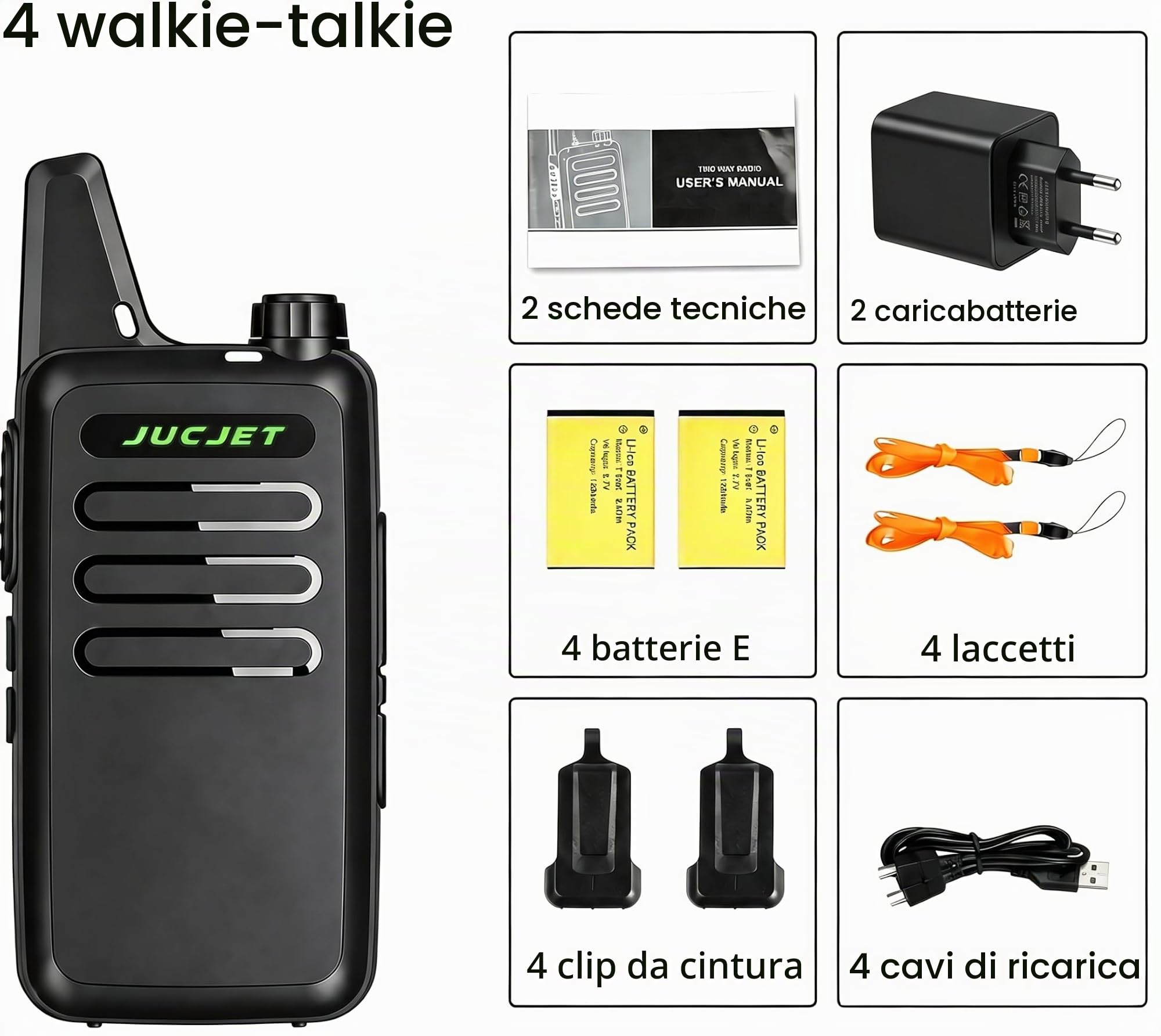 T20 Walkie Talkie PMR446 Ricaricabili con VOX, 4 Pezzi | 16 canali, uso senza licenza, ricaricabili, VOX vivavoce, clip da cintura, hotel, ristoranti, gruppi, piccoli team