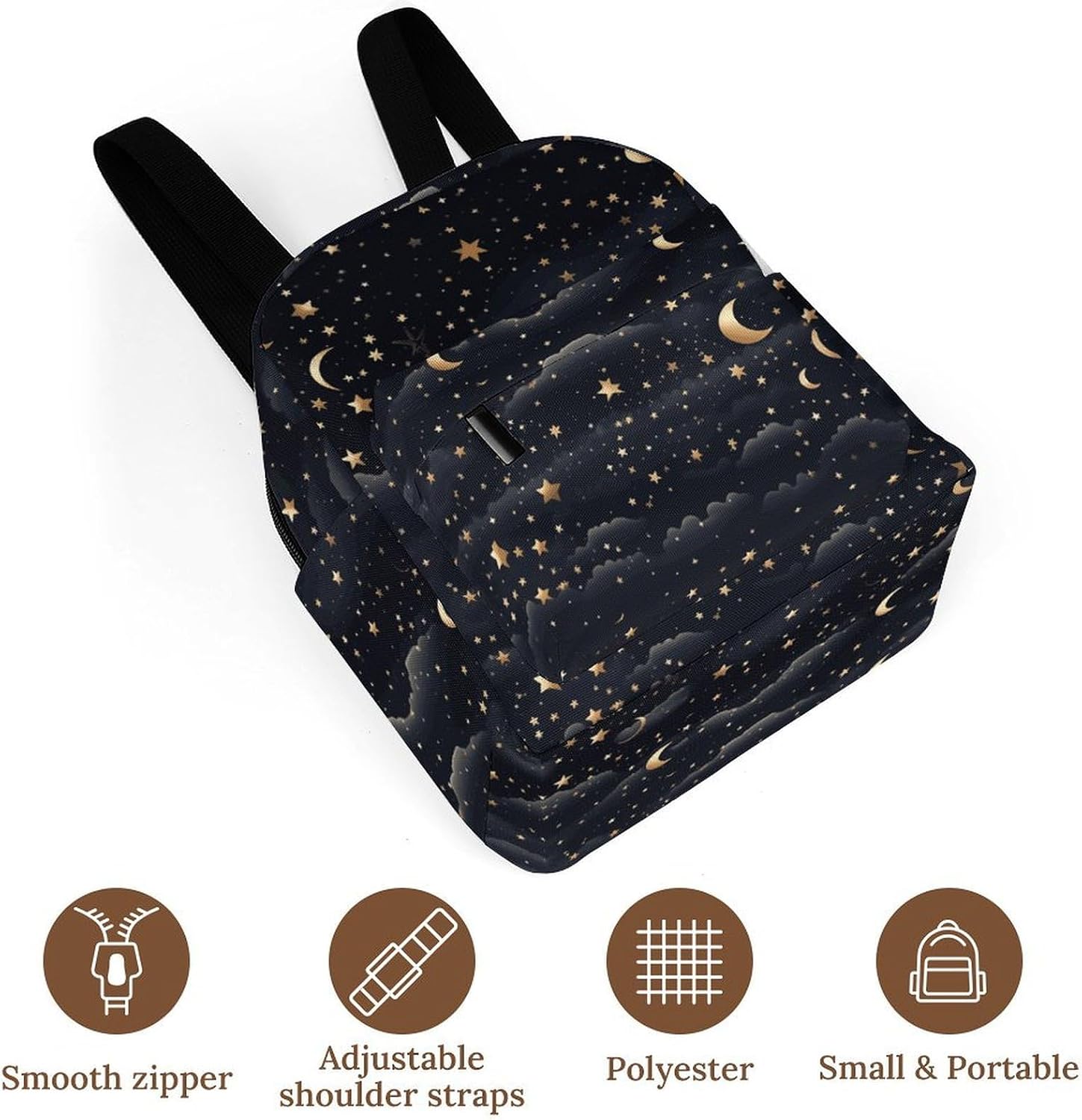 Waterproof Mini Backpack for Women - 10 Inch Oxford Lightweight Daypack Cute Bag Small Daypack Stars And Moon on Dark Background Small Backpack Purse for Travel Work Weekender