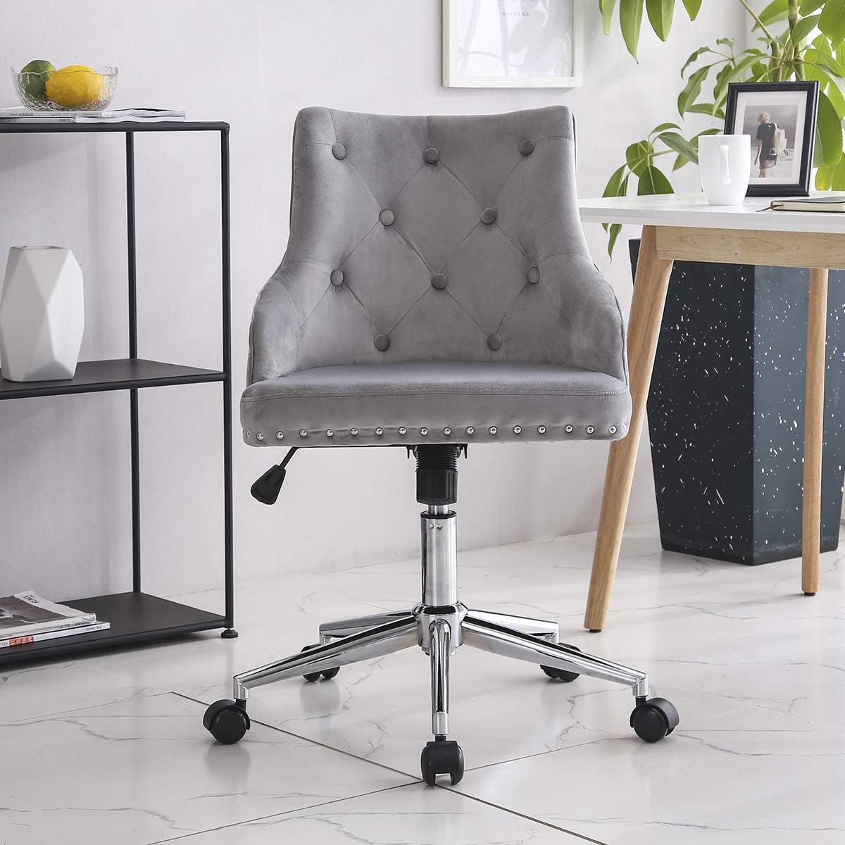 Vanimeu Grey Desk Chair no Arms Velvet Office Chair Salon Chair Ergonomic 360° Swivel Task Computer Chair Padded Cushion Seat Adjustable Height (Style 2 Grey)