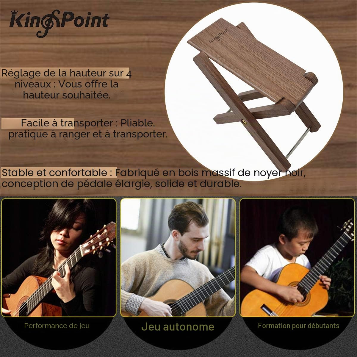 KingPoint Repose-pieds pliable en bois massif pour guitare - 4 niveaux de hauteur réglables - Noir