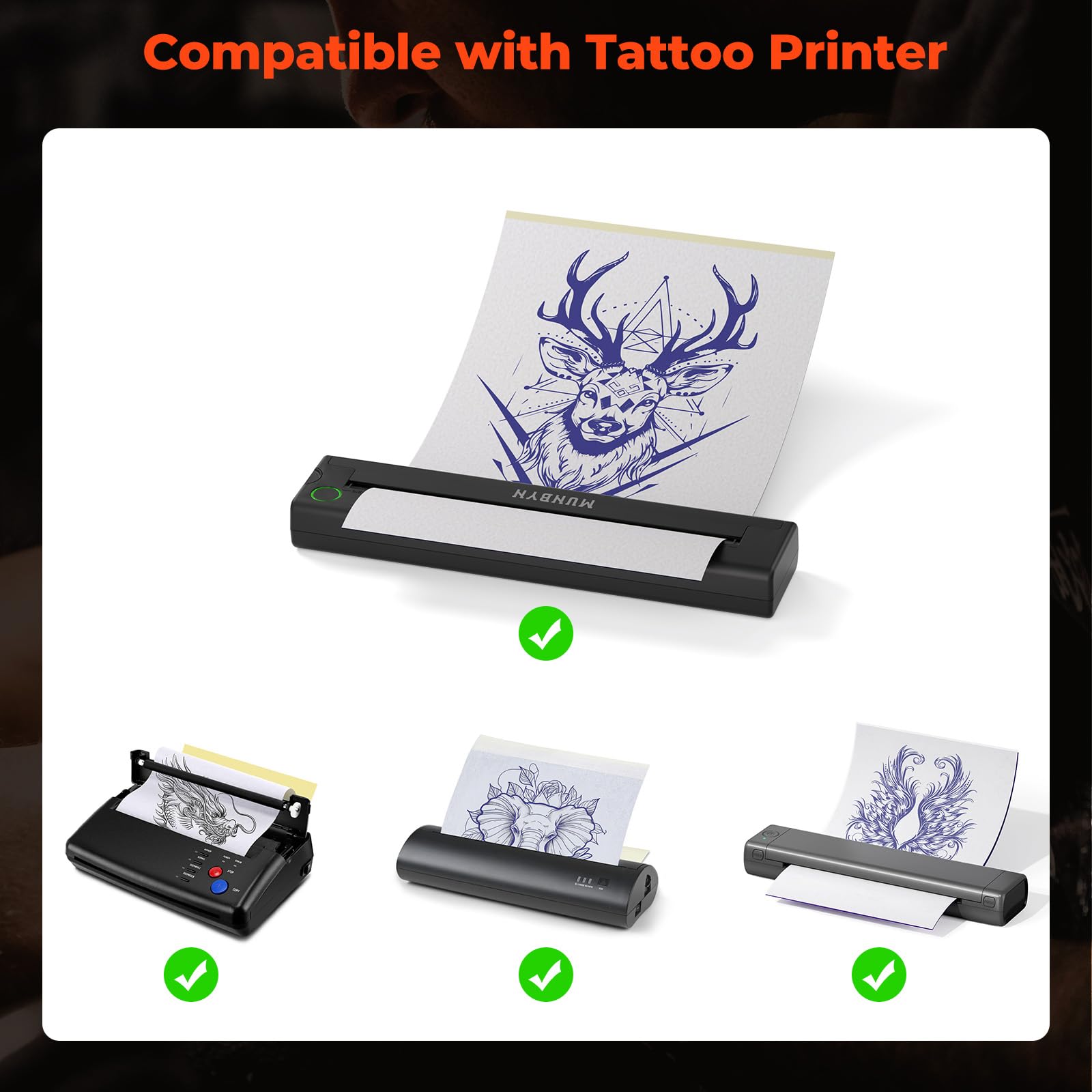 MUNBYN Imprimante À Tatouage, Kit Thermique sans Fil avec 20 Feuilles De Transfert (Pochoirs), Compatible Android, iOS Et PC, Modèle ITP05, 20 Feuilles Papier Transfert Thermique A4
