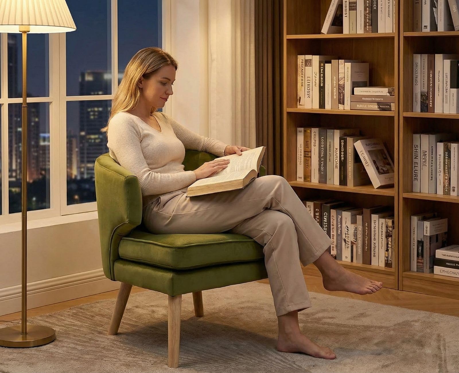 Sedia da lettura con gambe in legno in velluto, poltrona relax con doppio cuscino, per soggiorno, camera da letto, angolo lettura, verde