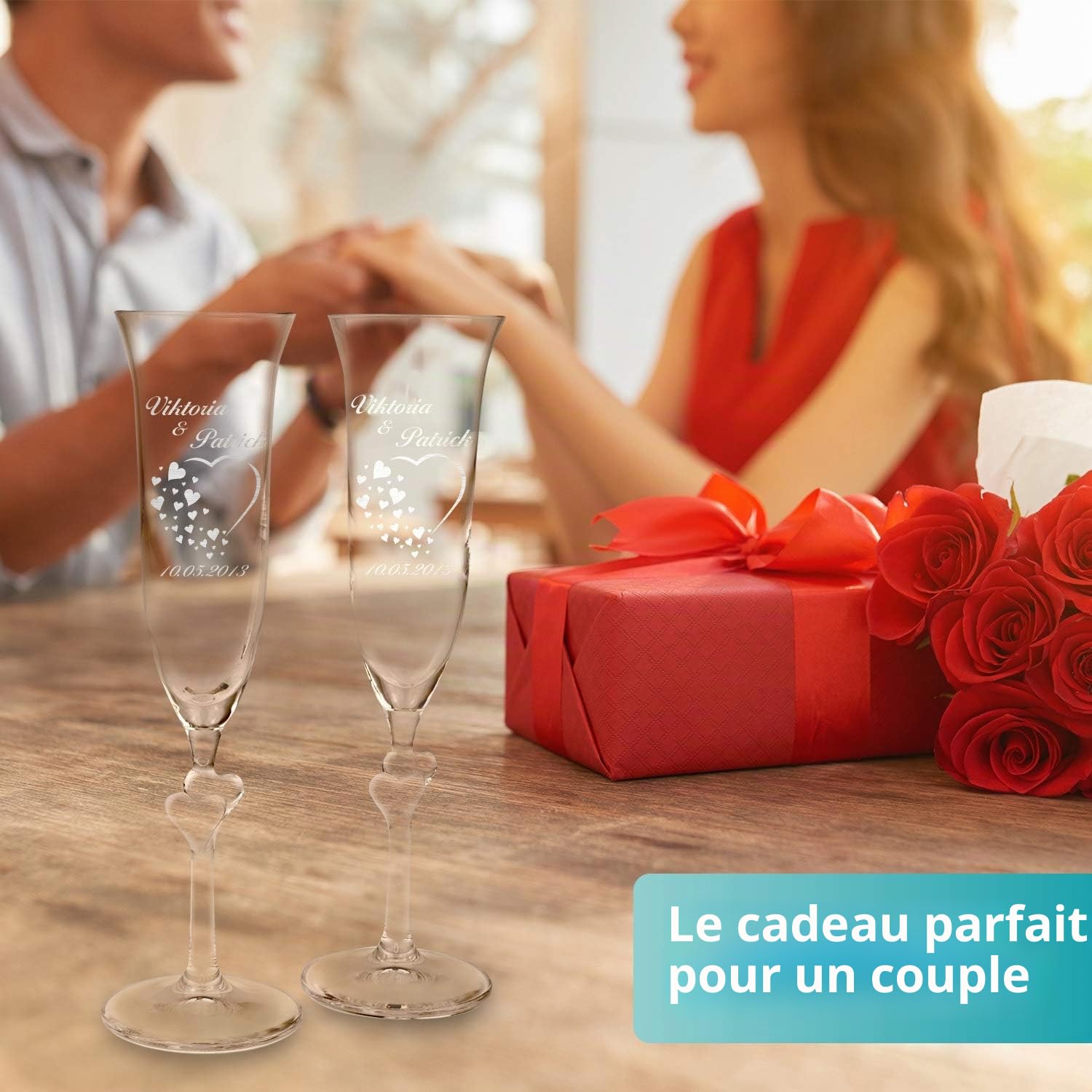 polar-effekt Lot de 2 Verres à Champagne en Cristal pour Couples - Cadeau Personnalisé avec Gravure - Flûtes à Champagne 175 ml - Tige avec Cœurs