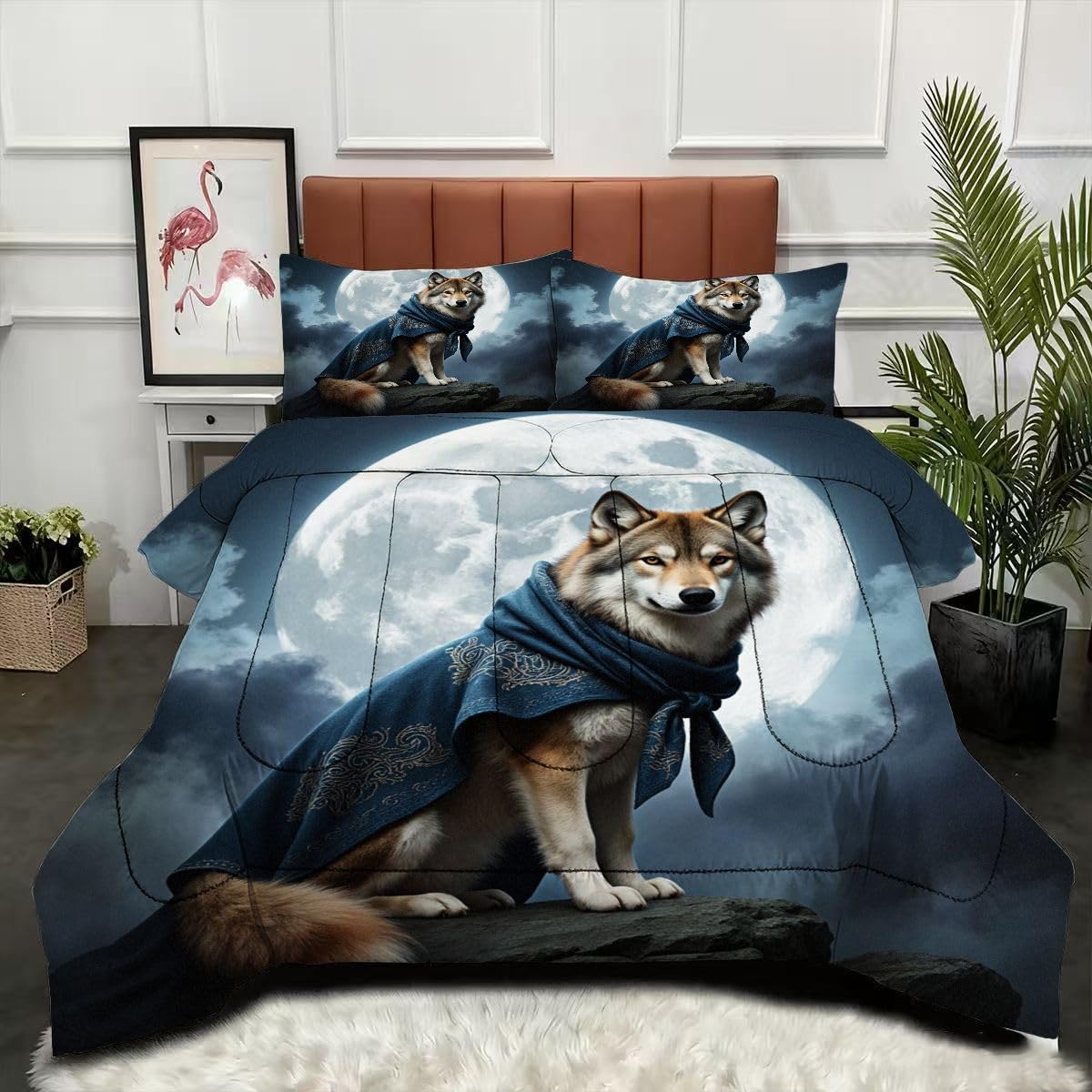 Couette 160x200 loup couverture microfibre imprimée avec 2 taies d'oreiller