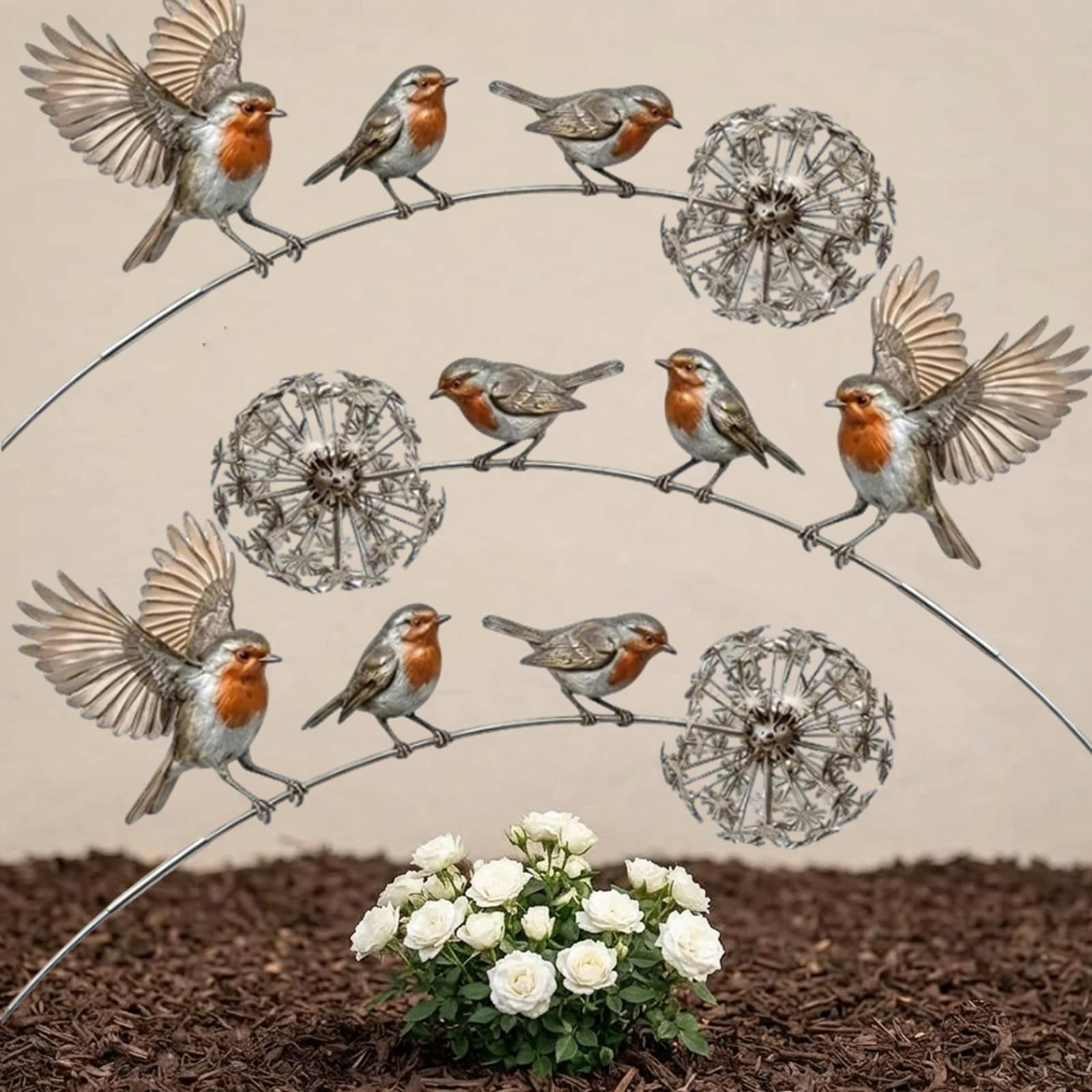 CUOSTU Metal Robin Garden Stake 60cm Long, Robin Memorial Garden Stake with 3 Robins and Dandelion Design, Rust Resistant Gardens Stakes Decoration Robins for Lawn Patio Flower Bed Backyard (3 PCS)