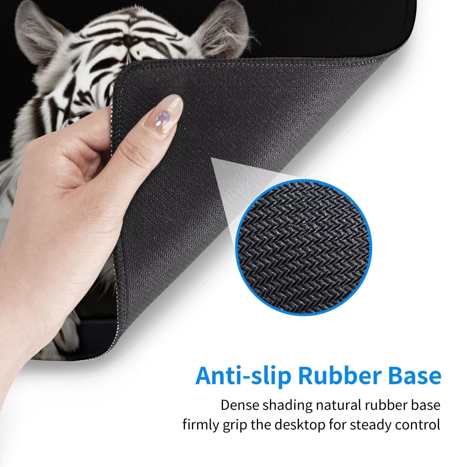 Gaming Mauspad XXL,900 x 600 x 3mm Mousepad Verlängertes Groß Mauspad Schreibtischauflage,Genähte Kanten Rutschfeste Gummibasis,Verbessert Präzision und Geschwindigkeit Home Office Weißer Tiger L-1858
