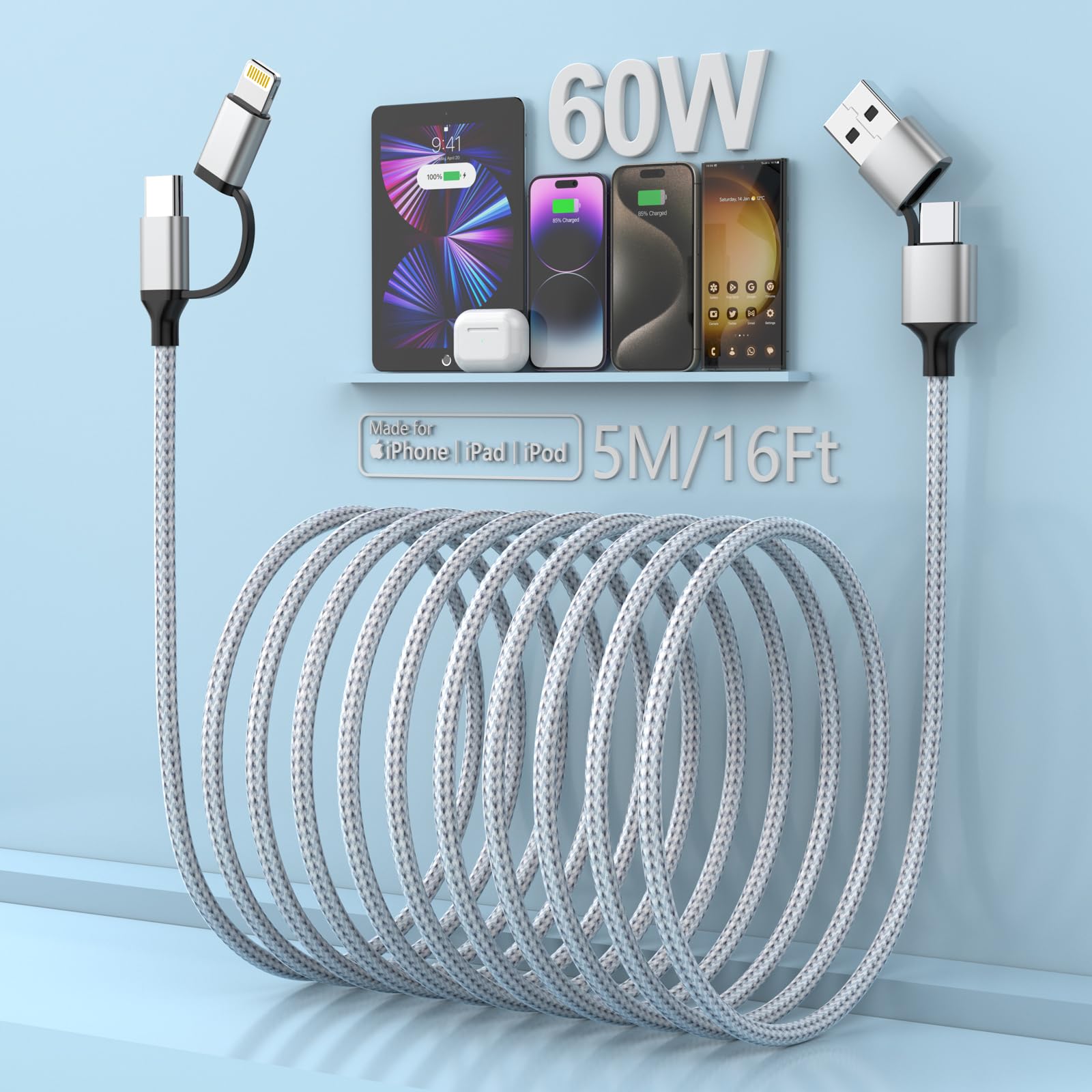 4-in-1 Multi-Ladekabel 5m – 60W Schnellladung Für IPhone, Android, IPad – PD, USB-C, Lightning, USB-A