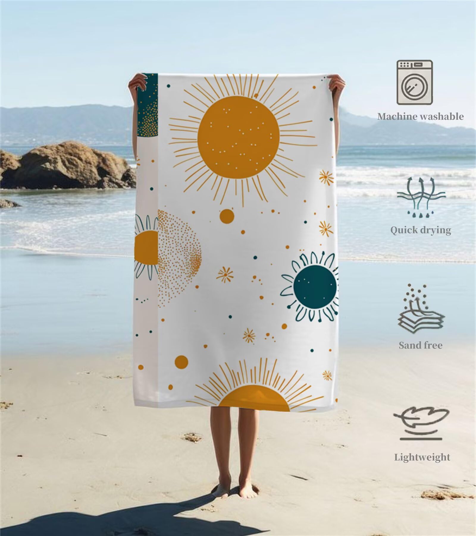 Ręcznik z mikrofibry, pomarańczowe słońce ręcznik plażowy XXL, 220 x 100 cm, chłonny i szybkoschnący ręcznik do sauny z gumką, antypoślizgowy, do łazienki, na podróż, do pływania, Y1-892