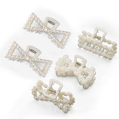 Mecool 5 Pcs Artificial Pearls Hair Claw Clips for Women Ponytail Holder | Headwear Pearl Hair Clips for Straight & Curly | Non Slip Hairs Claws | Hairs Accessories for Women | Large Claw Clip - 5 Pcs - 2