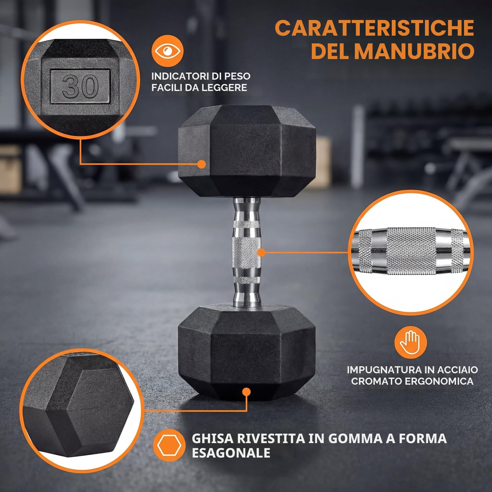 Set di 2 manubri esagonali, 10 – 30 kg, con rivestimento antiscivolo, impugnatura ergonomica, set di manubri corti in gomma polimerica, per allenamento aerobico