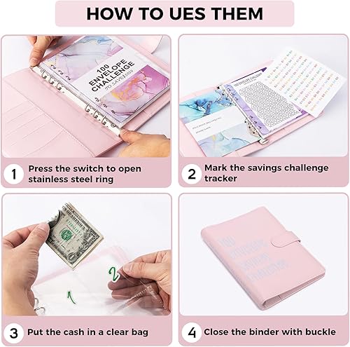 Miniatura 5 de Carpeta de desafío de 100 sobres, carpeta de ahorro A5 con sobres de efectivo, planificador de presupuesto de ahorro de dinero, libro planificador