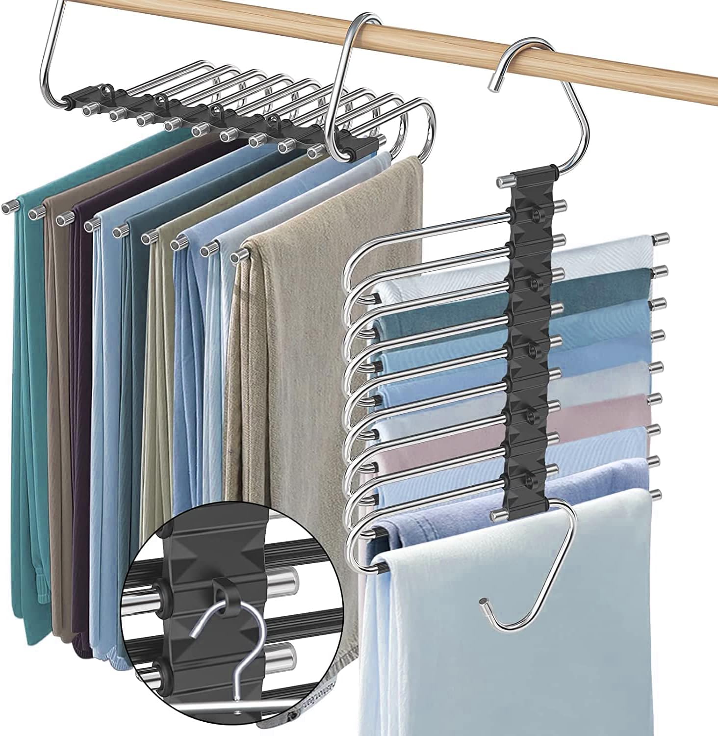 Angju Upgrade 9 Layers Pants Hangers Space Saving, 2 Pack Non Slip Stainless Steel Multifunctional Pants Rack Closet Pant Hanger Organizer with Hooks for Pants Jeans Trousers Dorm Room Essentials
