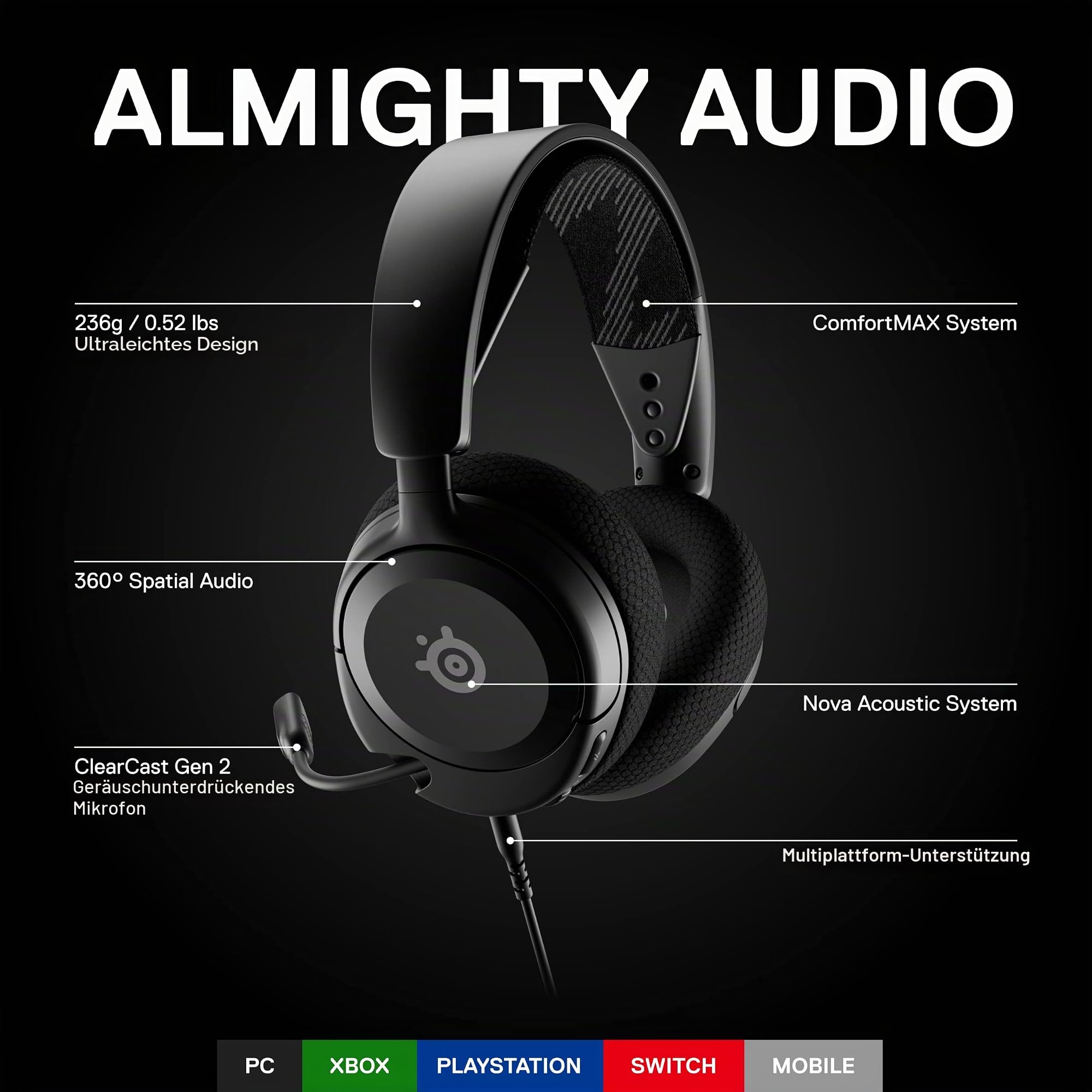 SteelSeries Arctis Nova 1 Multi-System-Gaming-Headset – HiFi-Treiber – 360° räumliches Audio – Komfortdesign – langlebig – Ultraleicht – Mikrofon mit Geräuschunterdrückung – PC, PS5/PS4, Switch, Xbox